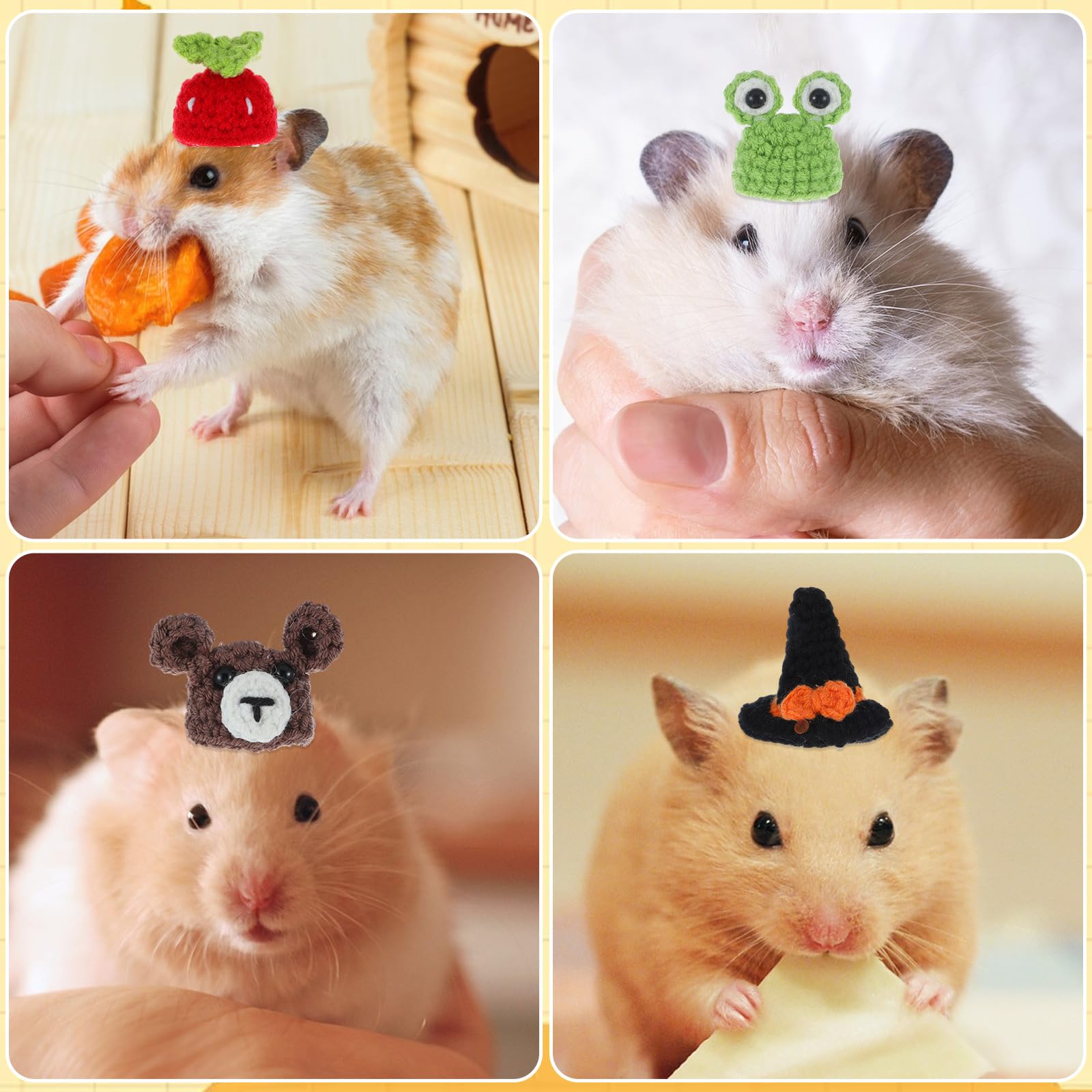 12 Pcs Hand Knitted Hamster Hats - Colourful Mini Hats With Adjustable Straps For Small Pets (Hamsters, Guinea Pigs, Snakes, Lizards)