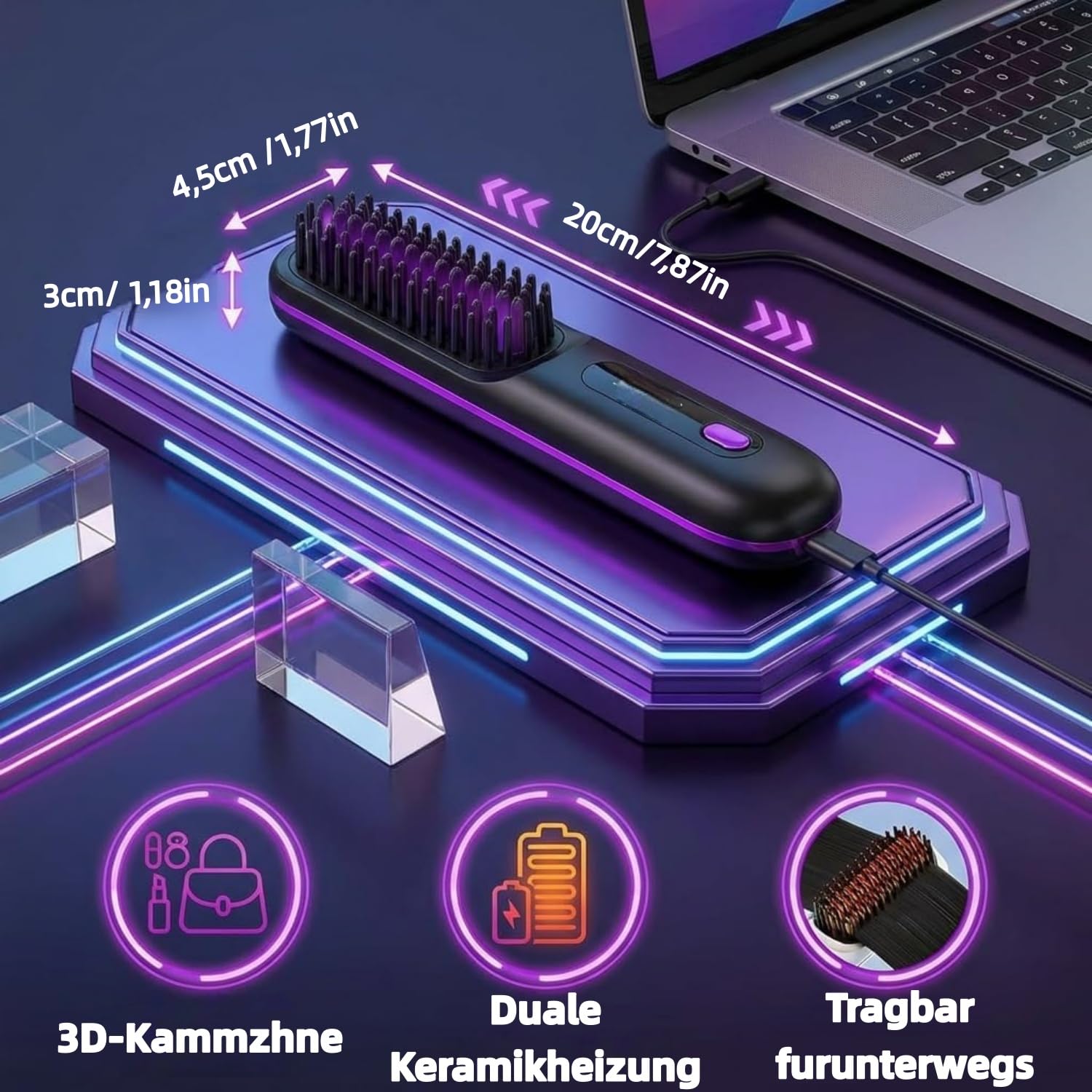 Cefryna Styling Brush for Short Hair-Wiederaufladbarer kabelloser Glättungskamm mit 4000 mAh Kapazität Erzielen Sie jederzeit und überall makellose glatte, gewellte oder lockige Frisuren. (Weiß)