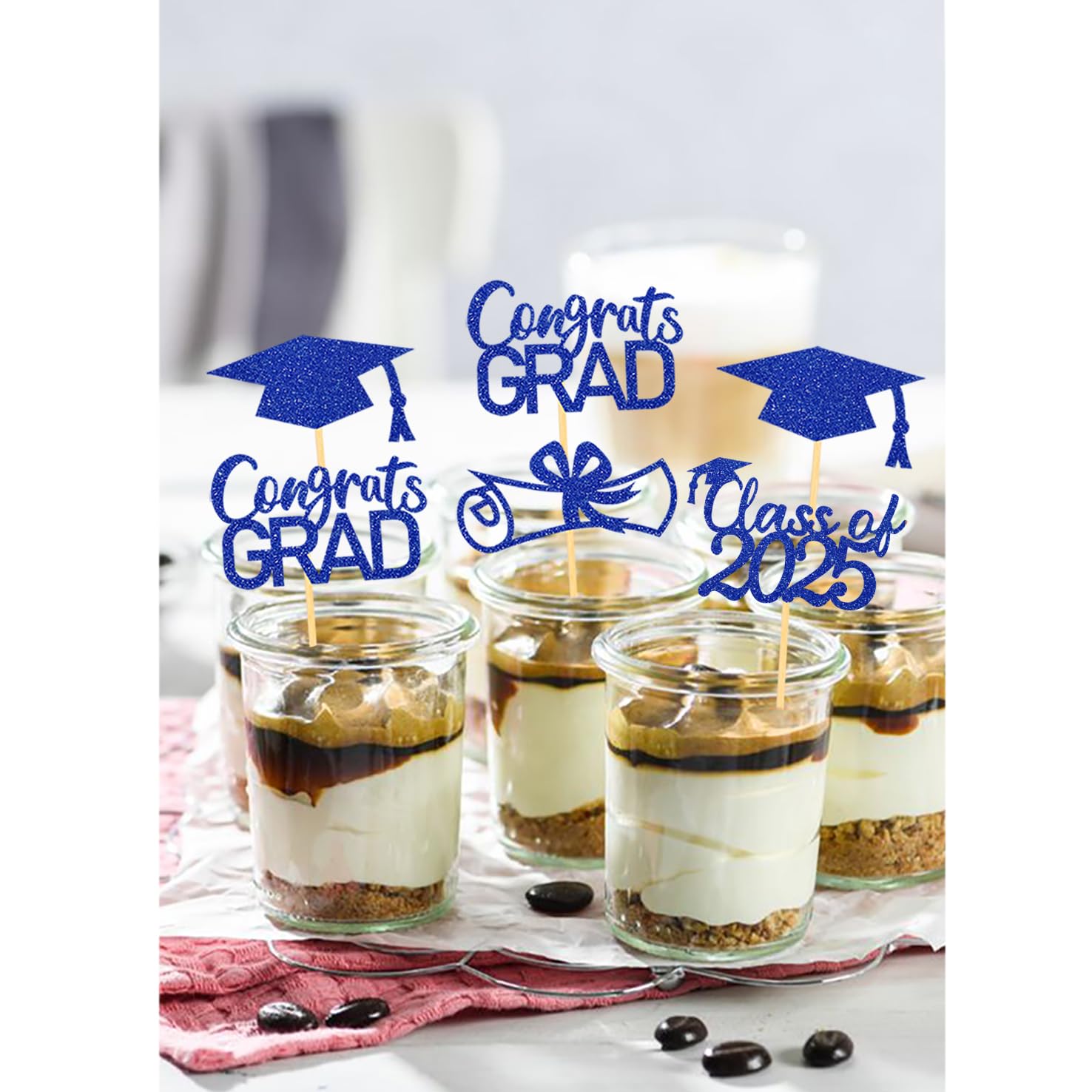 Schwarz-Gold Glitzer Congrats Grad Kuchenaufsatz – Abschlussfeier Dekoration 2023, Rot