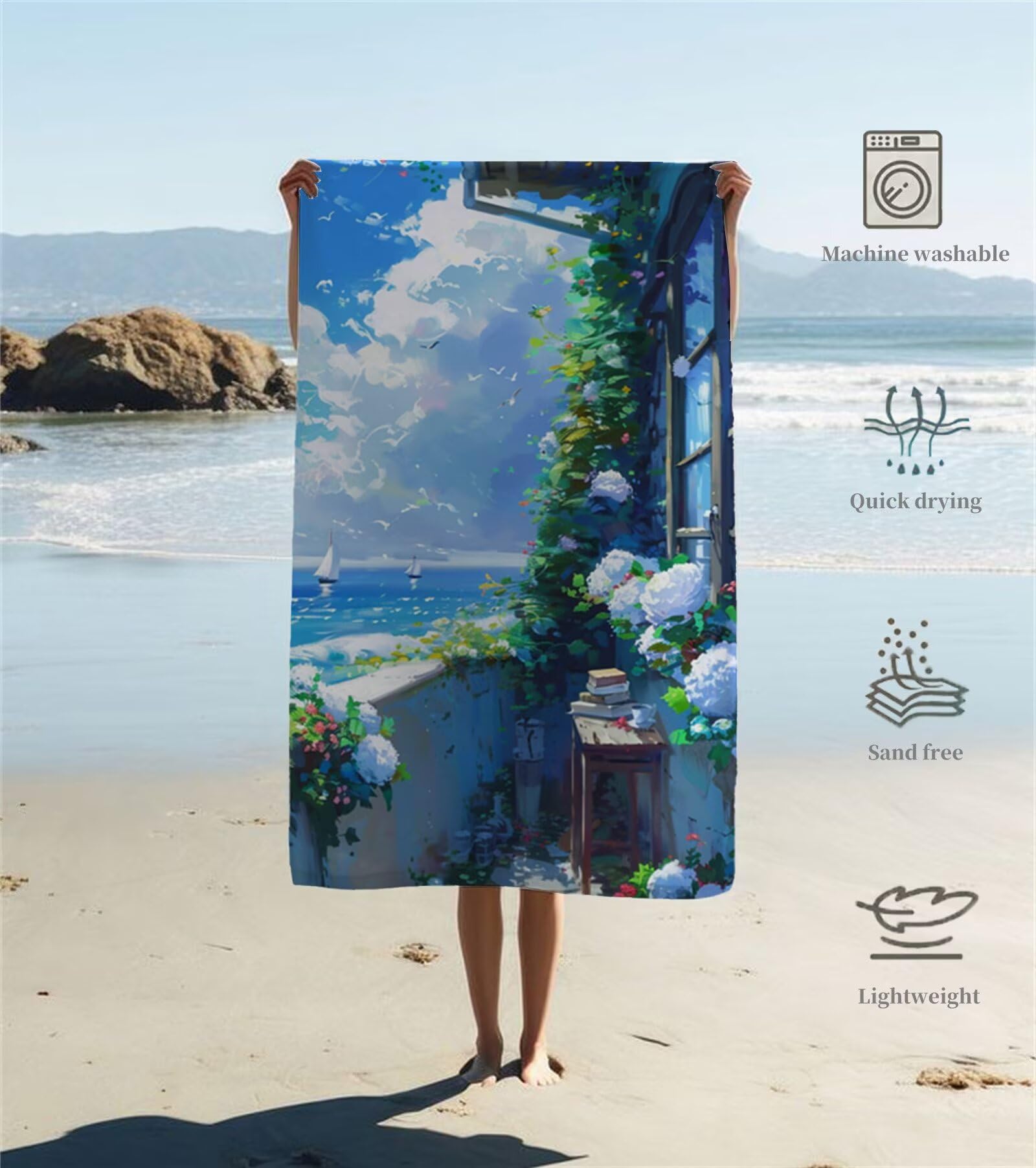 Ręcznik plażowy z mikrofibry 220 x 100 cm duży ręcznik kąpielowy kwiatowy łódź mata plażowa anty piasek, ręczniki sportowe, szybkoschnące, kompaktowe i lekkie, do sportu, podróży, sauny, basenu Y1-751
