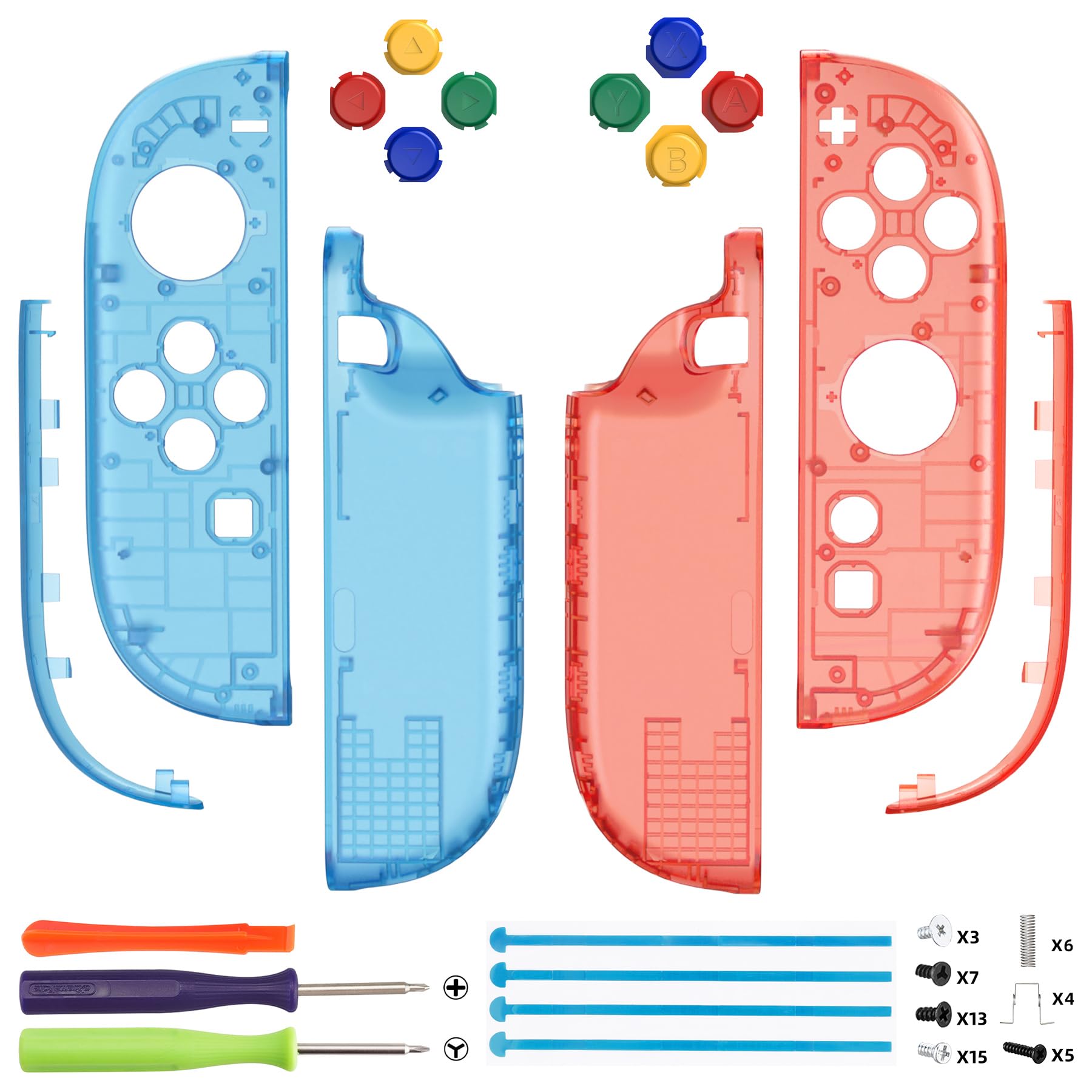 eXtremeRate Ersatz Shell & Buttons Set für Switch 2 Joycons, Essence Version Faceplate/Back Cover/Griff Deko Streifen/ABXY D-Pad-Knöpfe Zubehör für Switch 2 Joy Con-Clear Blau&Clear Orange