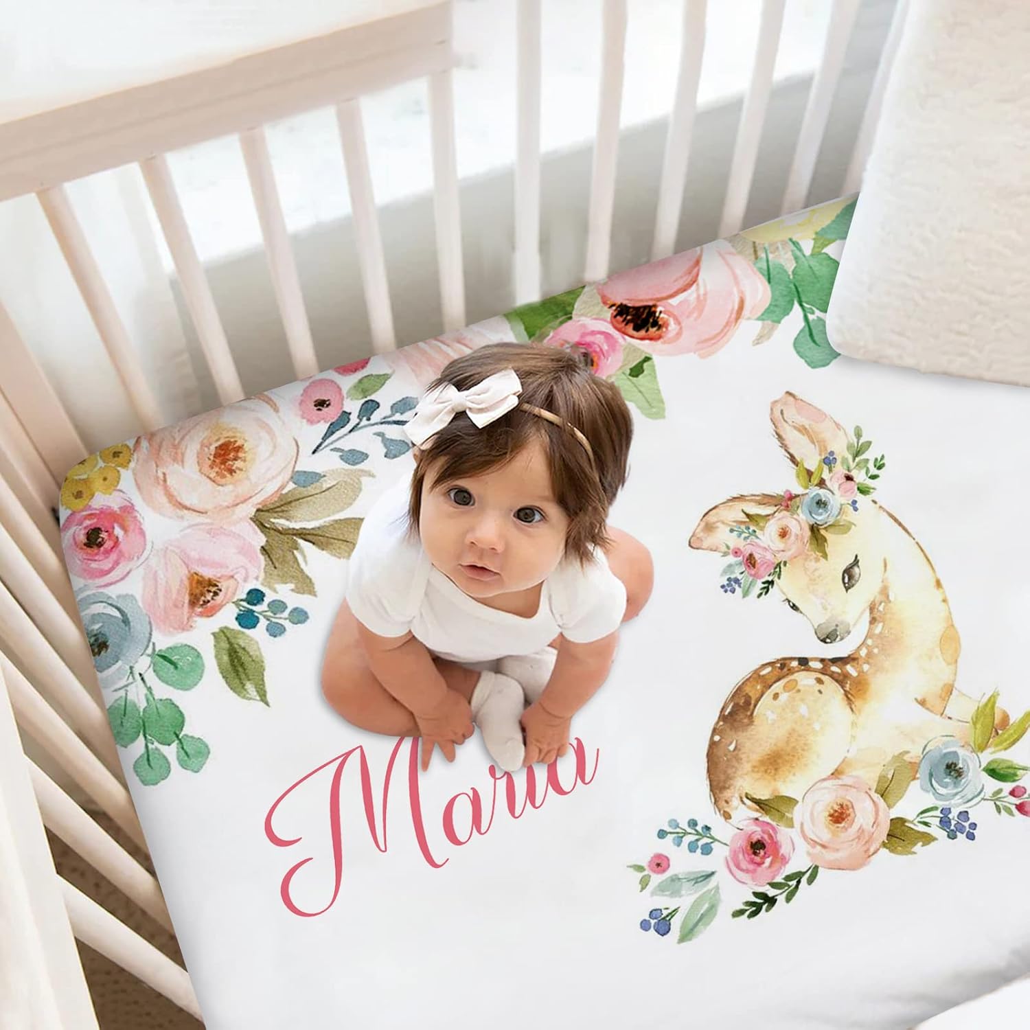 Floral Deer Baby Crib Sheets, Personalized Fitted Crib Bedding Sheets with Name, Custom Pack and Play Sheets, Crib Mattress Sheets for Baby Boys Girls, Mini Crib Sheet | Name Crib Sheets