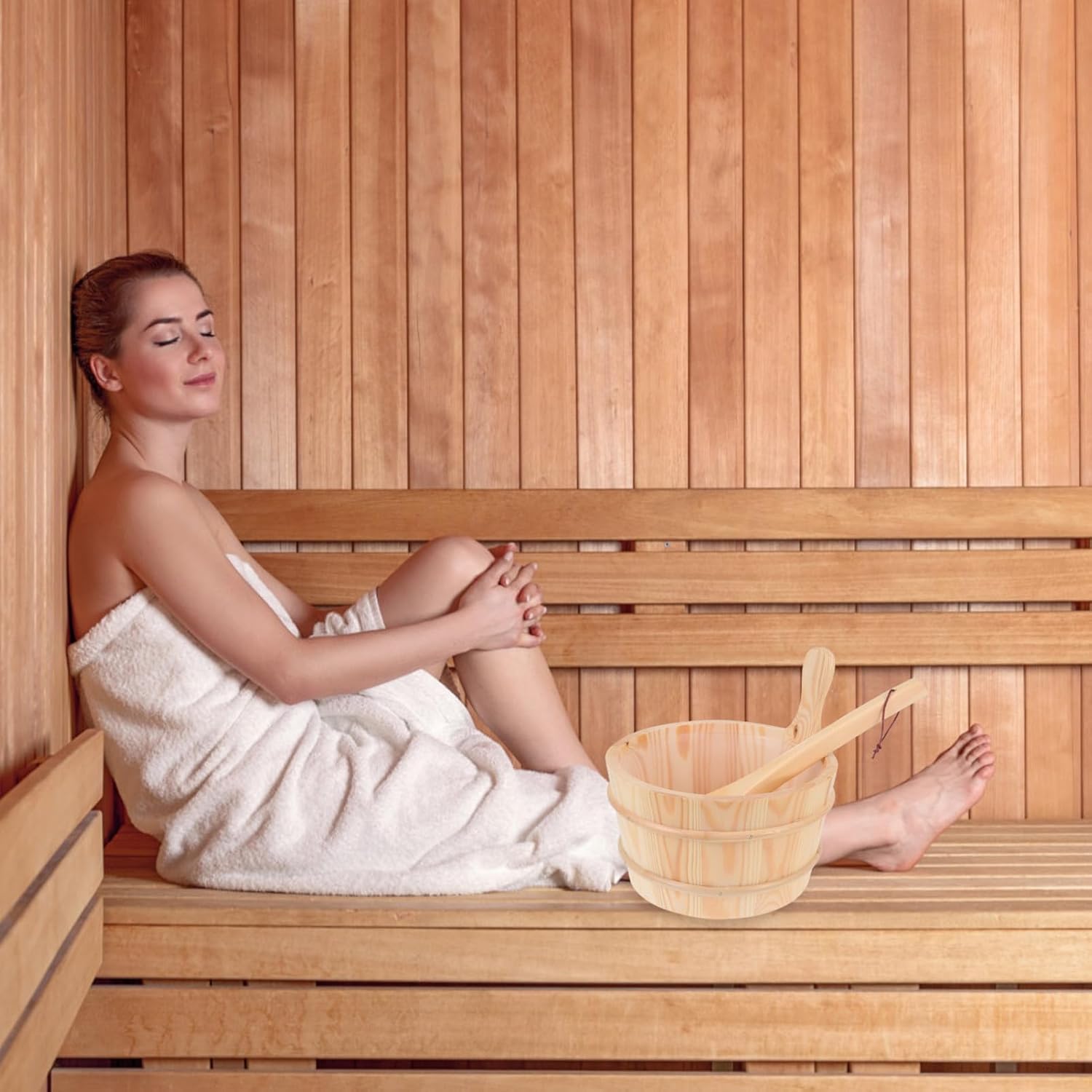 BESPORTBLE 1 Set Bath Bucket Spoon Spa Far at Home Sauna Drink Buckets Beverage Dynamic Sand Timer Sauna Ladle Rivets Sauna Rocks Hourglass Sauna Sauna Shower Bucket Lid Wooden Yellow