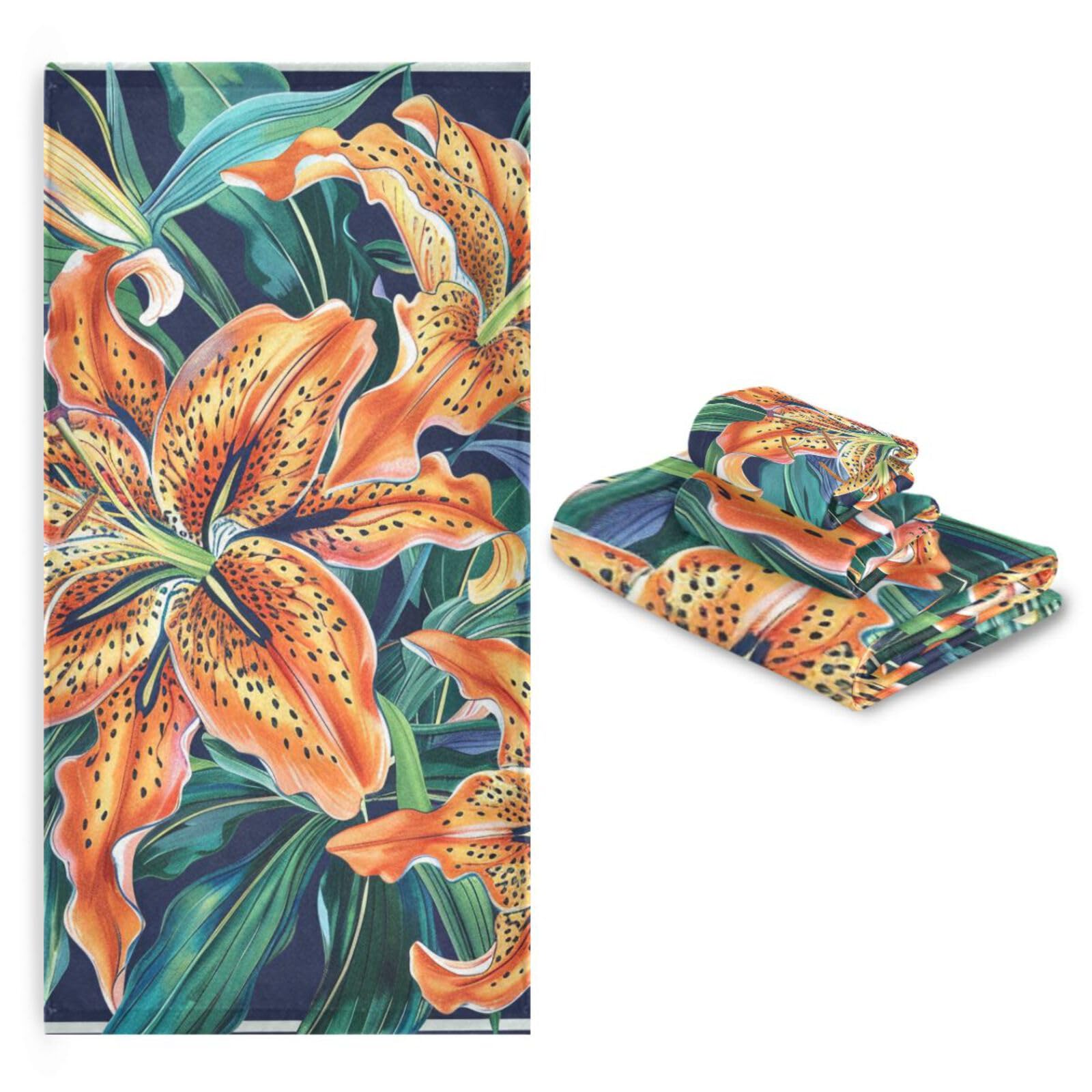 Set di 3 asciugamani da testa a punta con fiori arancioni in stile bohémien, 1 asciugamano da bagno, 1 asciugamano per mani, 1 panno per spiaggia, capelli, viso, palestra, nuoto, cucina