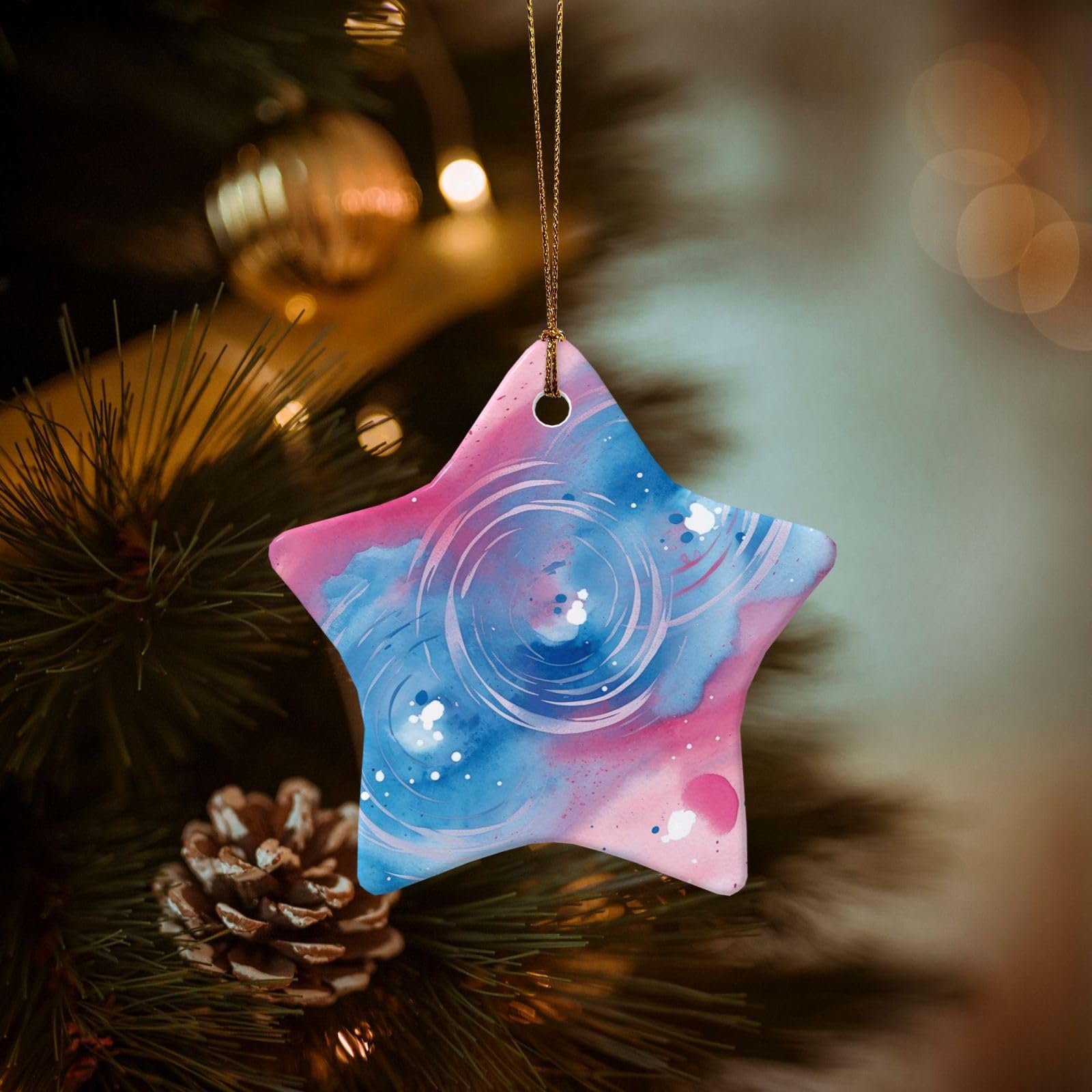 Christmas Tree Ornaments Ceramics Christmas Decorations Blue Swirl Watercolor Ornaments with Gold Ribbon Porcelain Xmas Tree Crafts Star Shape Hanging Pendant for Christmas Tree Party Decor