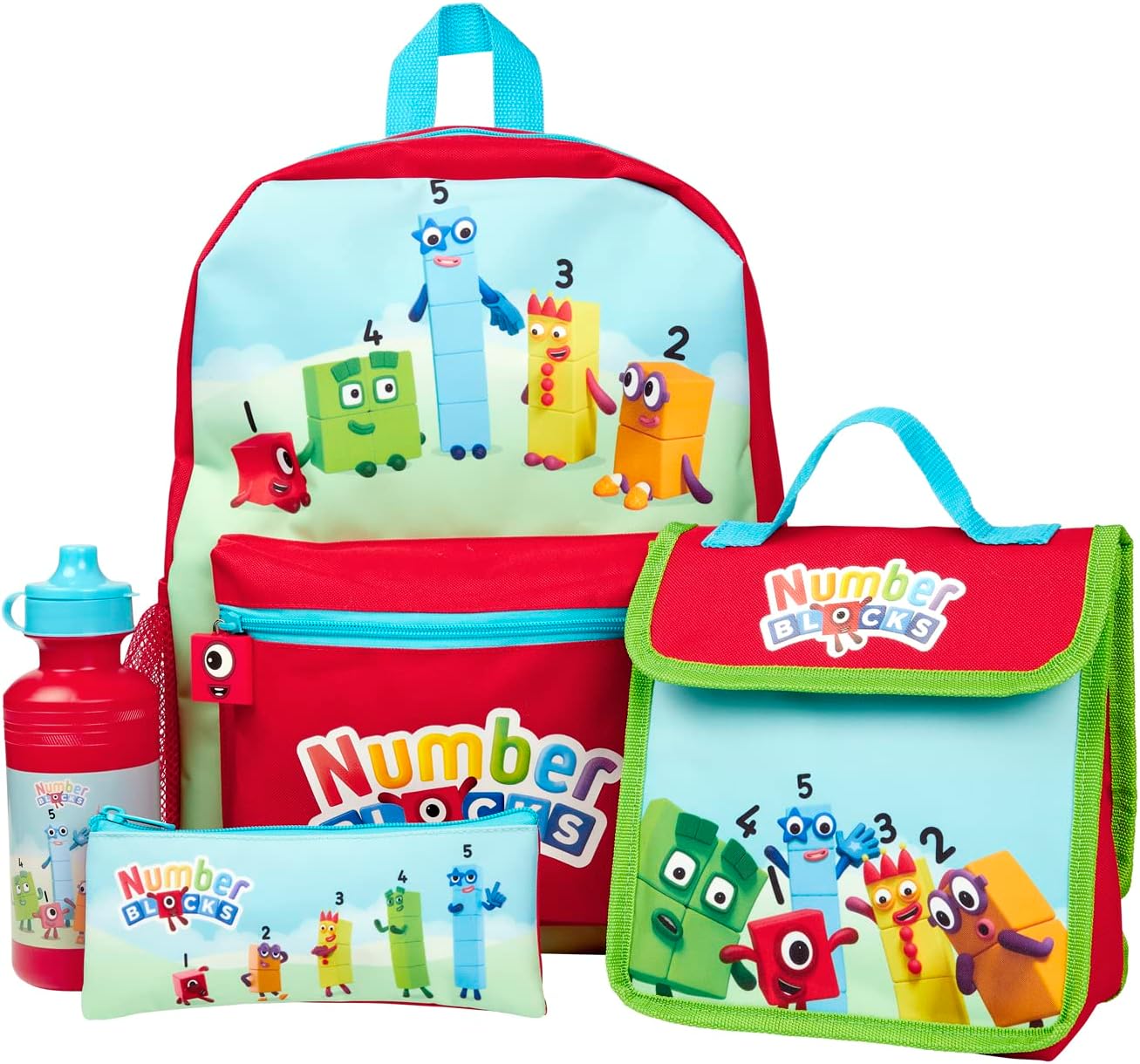 Numberblocks Kids Backpack 4 Piece School Set Including Lunch Bag, Water Bottle and Pencil Case