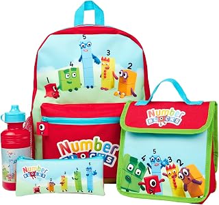 Numberblocks Kinderrucksack 4-teiliges Schulset inkl. Lunch-Tasche, Wasserflasche und Federmäppchen, rot