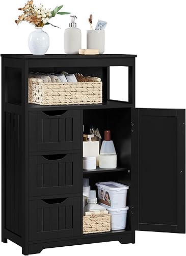Miniatura 13 de Yaheetech Armario de suelo de baño, organizador de almacenamiento de madera con 1 puerta y 3 cajones, armario independiente para cocina, sala de
