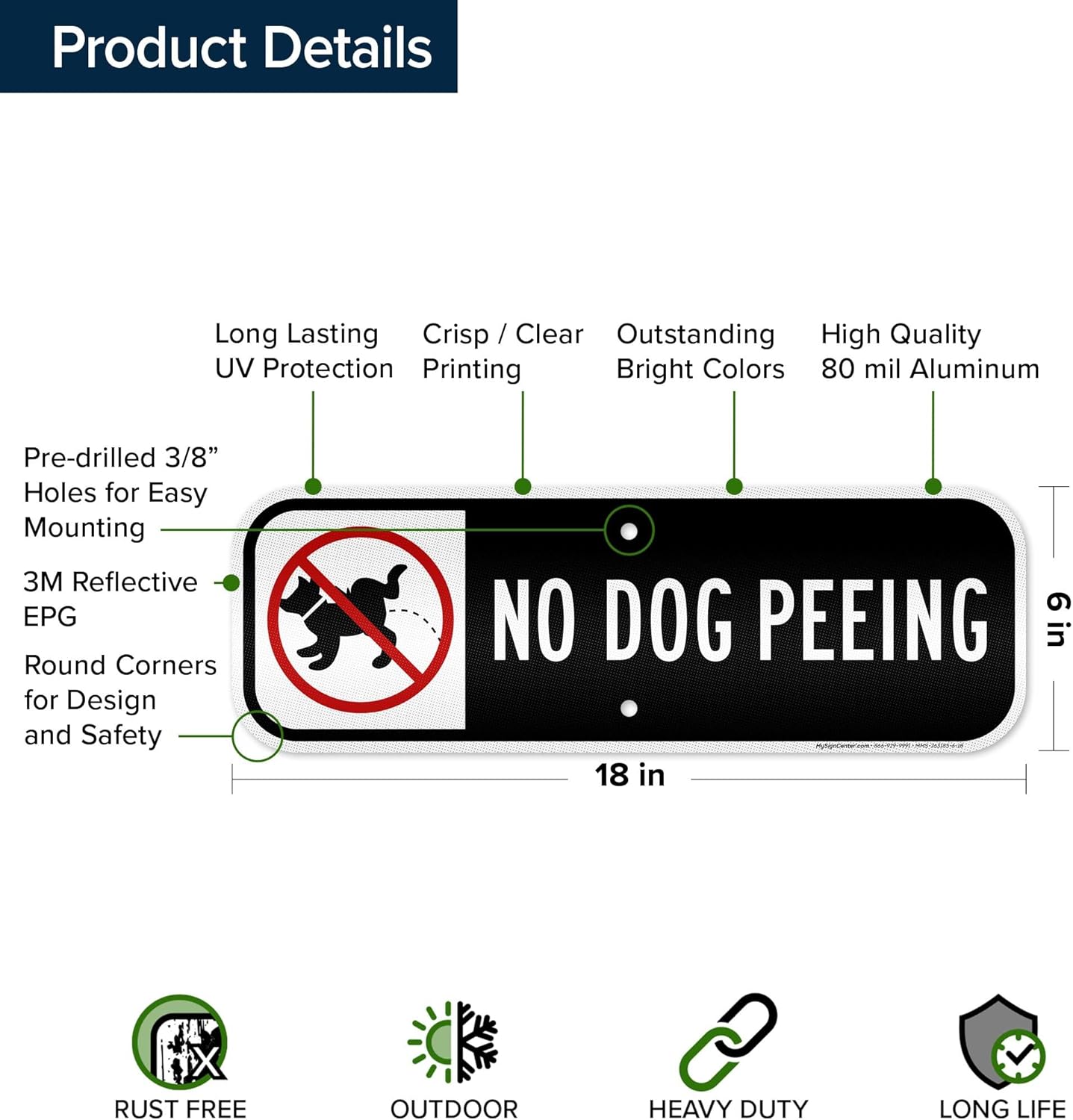No Dog Peeing With Graphic Sign, 6x18 Inches, 3M EGP Reflective .063 Aluminum, Fade Resistant, Made in USA by My Sign Center