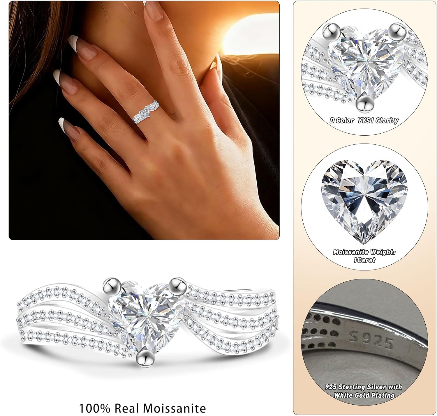 Moissanite Wedding Rings for Women 925 Sterling Silver Wedding Bands 1ct D Color VVS1 Lab Created Anniversary Rings for Her 18K White Gold Plated Size 6-8 - Image 5