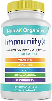 All-in-One Organic Immune Support Supplement 60 Vegan Capsules - Elderberry 500mg, Ashwagandha 500mg, 400mg Vitamin C and Zinc - Vitamin D3 - Immune Boosters for Adults