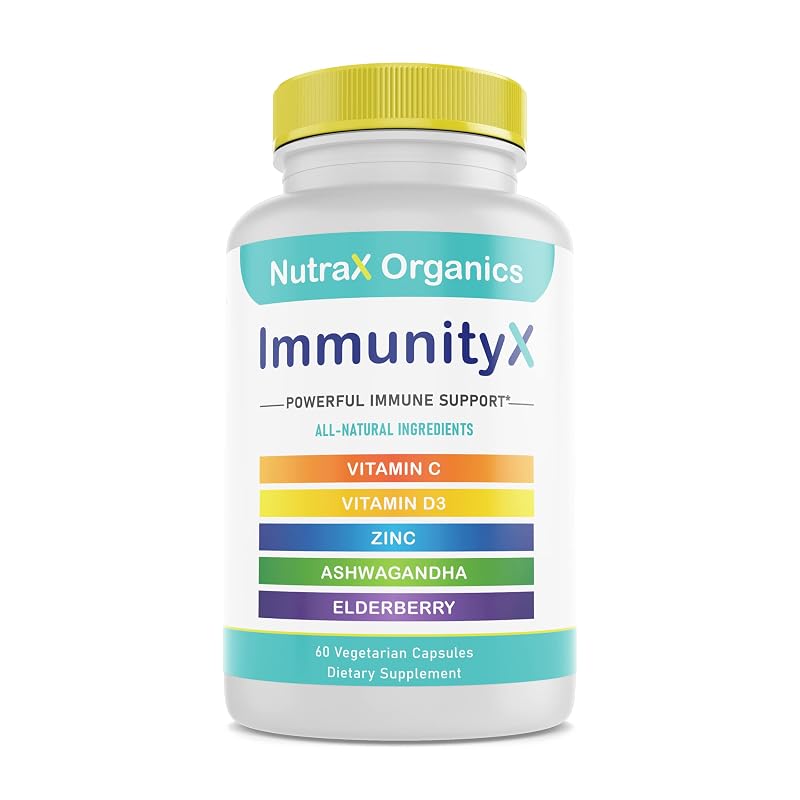 NutraX Organics Suplemento para a imunidade com sabugueiro 500 mg, ashwagandha 500 mg, vitamina C 400 mg, vitamina D3 4.000 UI e zinco 11 mg, 60 cápsulas