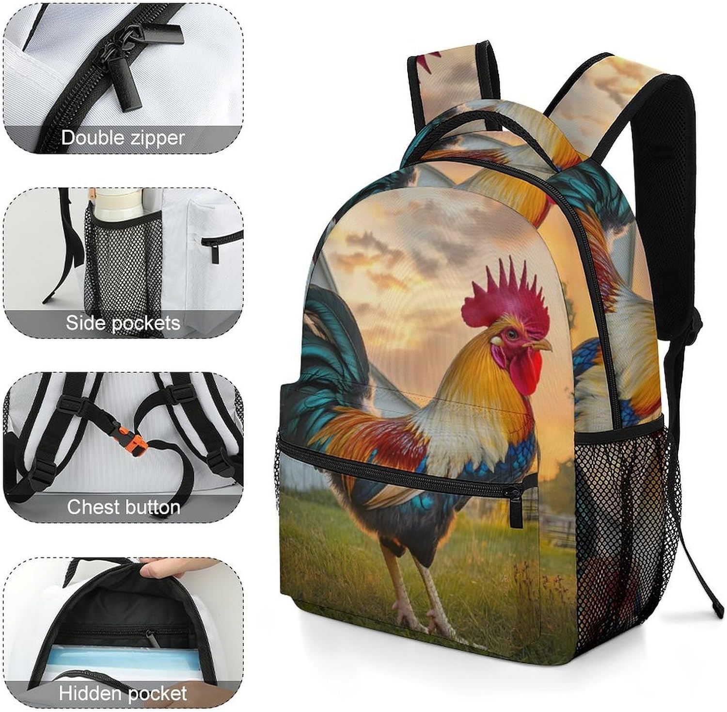 Rooster Farmhouse Laptop Backpack Lightweight Travel Daypack Shoulder Bag for Men Women