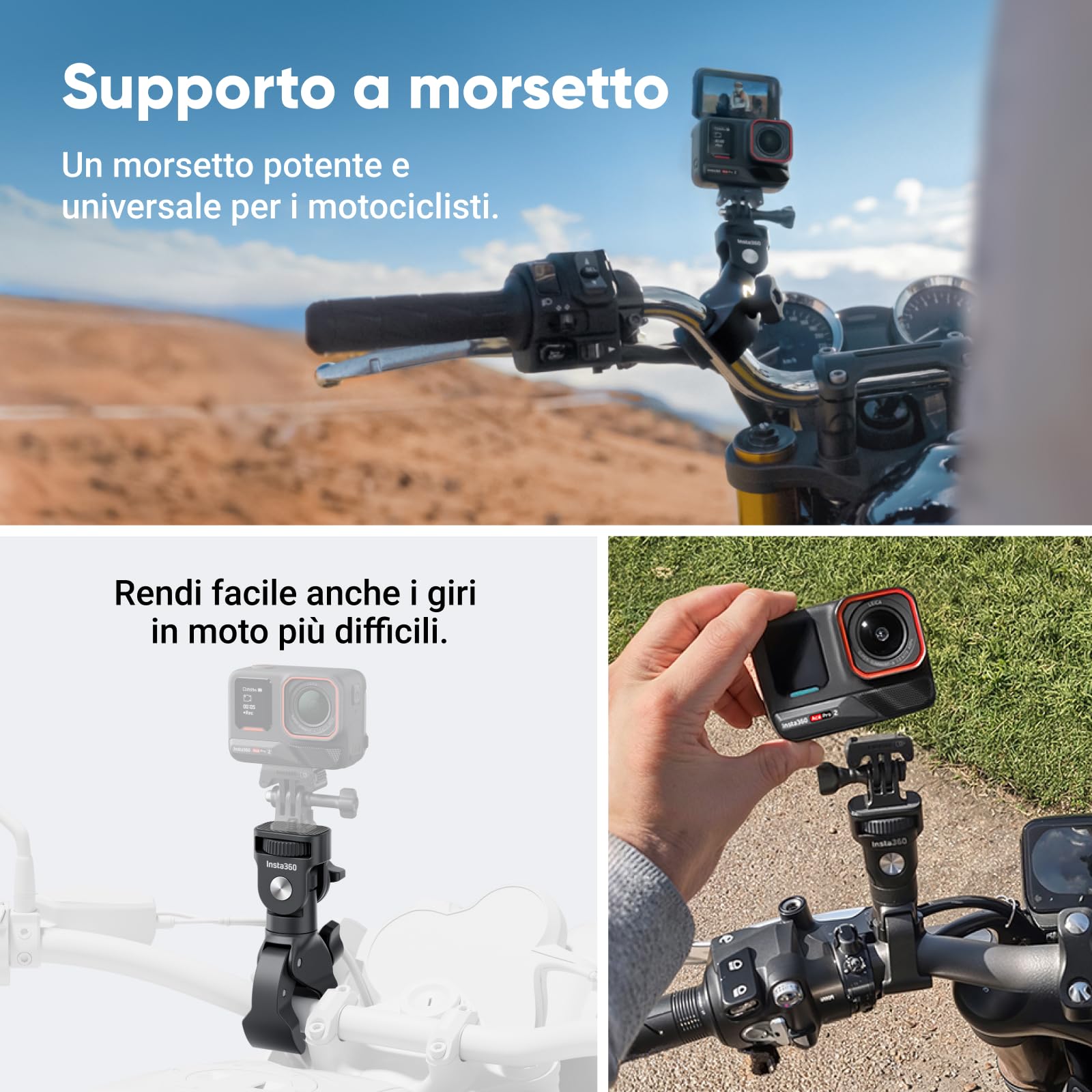 Insta360 Ace Pro 2 Pack Moto - Action Cam Impermeabile in 8K co-ingegnerizzata con Leica, sensore 1/1.3", doppio chip IA, superba in bassa luce, audio superiore.