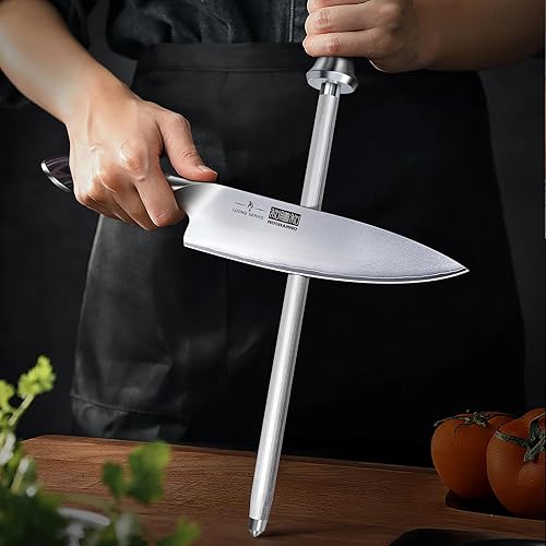 Miniatura 7 de HOSHANHO Varilla afiladora de cuchillos de cocina profesional de 12 pulgadas, acero japonés de alto carbono con mango ergonómico de madera de