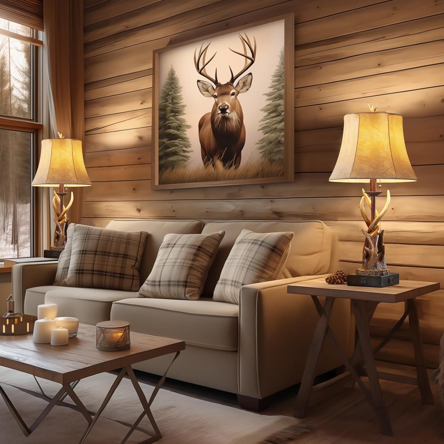Antler Table Lamps Set of 2 with USB A+C Ports for Bedroom Farmhouse Deer Rustic Bedside Lamps with Faux Leather Bell Shade for Living Room End Table Hunting Themed Cabin Lamp Pull Chain