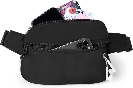 Vinabo Unisex Bum Bag,Waist Bag with Zippered Headphone Jack, Black Bum Bag Adjustable Belt for Outdoor Training, Hiking, Travel Essentials