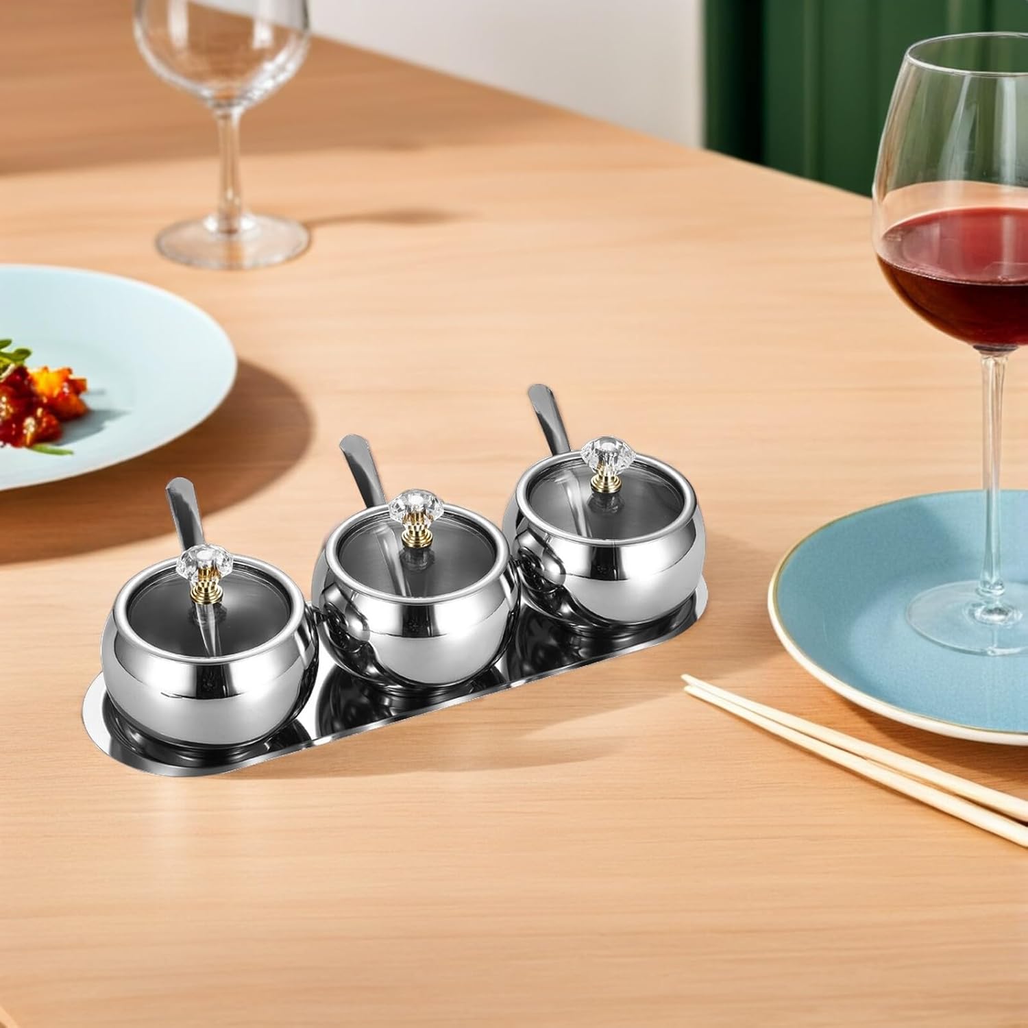 Stainless Steel Condiment Jars with Lid and Spoon Set, Sugar and Salt Seasoning Containers with Tray for Kitchen Counter, Sturdy Cooking Spice Canisters for Home Use