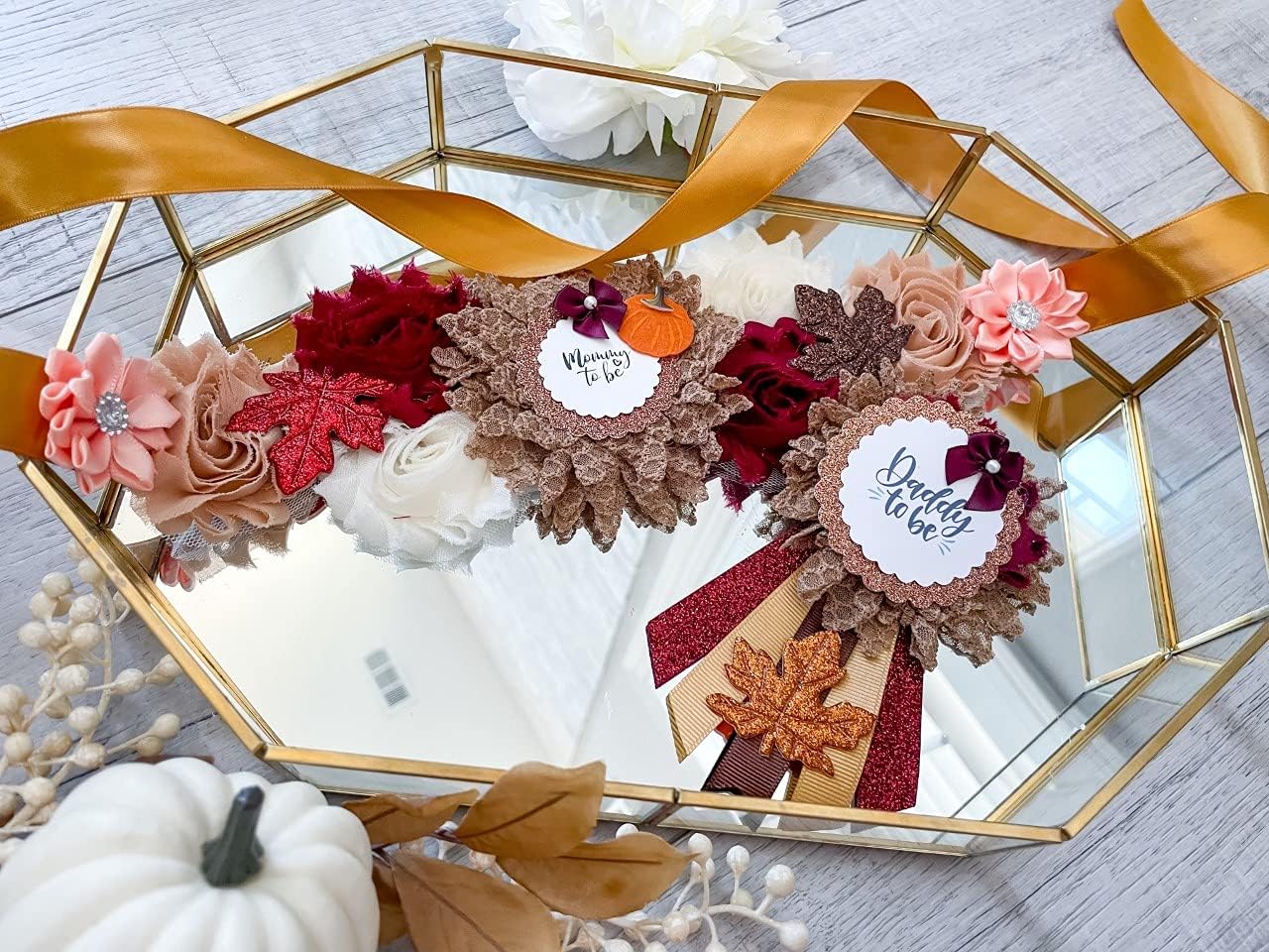 Fall Pumpkin Mommy To Be Sash & Daddy To Be Pin – Autumn Baby Shower Decorations, Maternity Corsage Set, Gender Reveal Party Keepsake