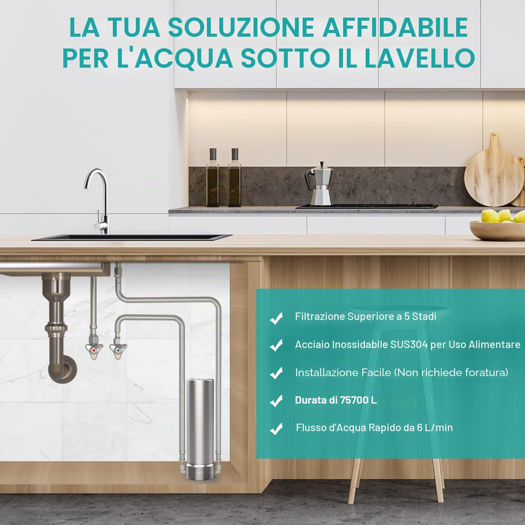 SimPure V7 Sistema di Filtraggio dell'Acqua Sottolavello, Durata 75.000 Litri, Filtro dell'Acqua per Rubinetto in Acciaio Inossidabile a 5 Stadi, Rimuove il 99% di Piombo, Cloro, Cattivo