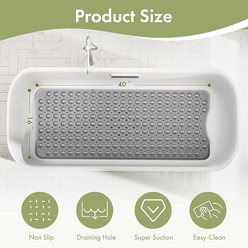 Miniatura 4 de AmazerBath Tapete para bañera, 40 x 16 pulgadas, antideslizante, con ventosas y agujeros de drenaje, tapetes de baño, lavables a máquina, gris