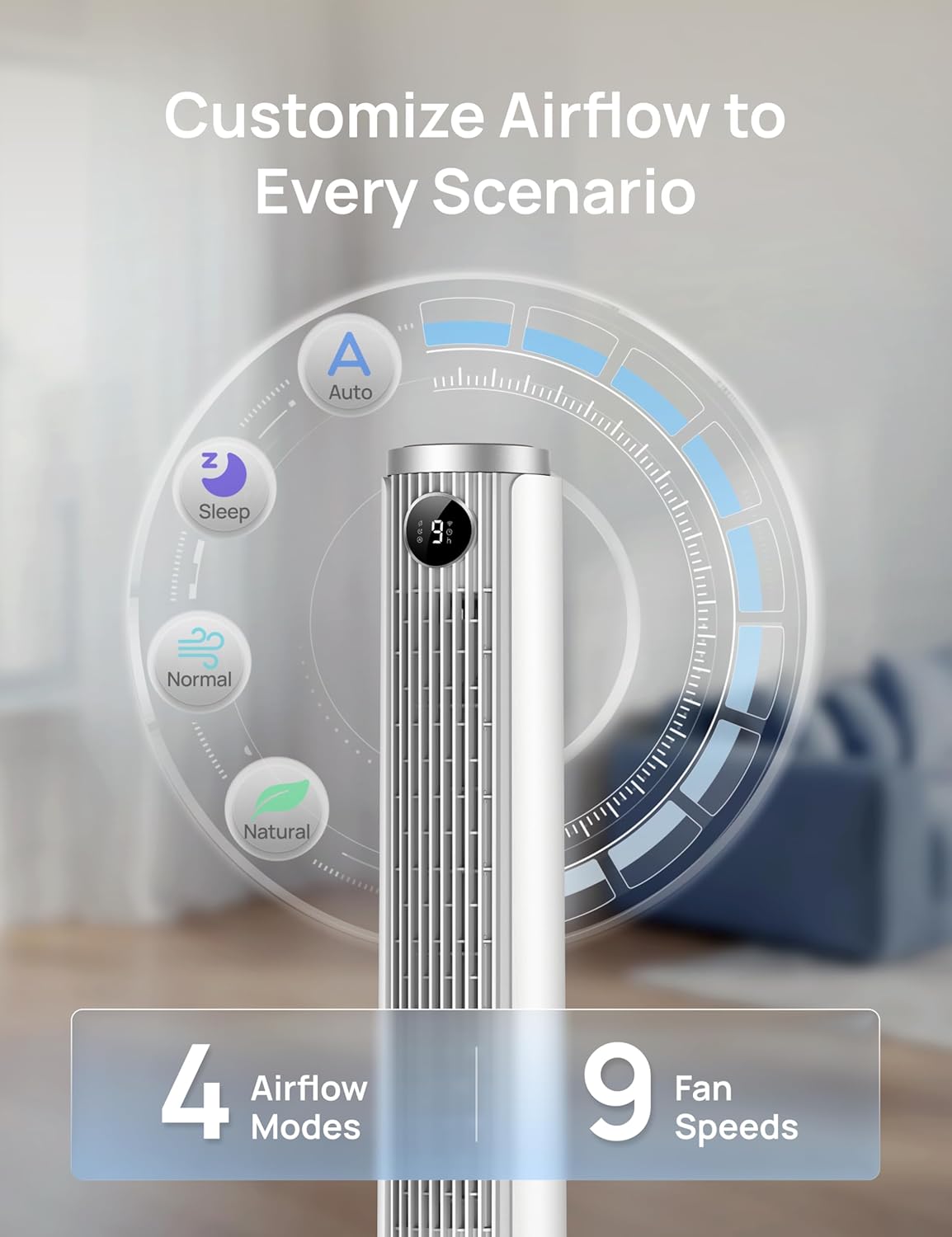 DREO Smart Tower Fan for Bedroom, 40”-45” Adjustable Height, 28 ft/s Velocity, DC Motor, 9 Speeds, 4 Modes, 90°Oscillating, Standing Fan, 20dB Quiet, 12H Timer for Home, Office, Google/Alexa, White
