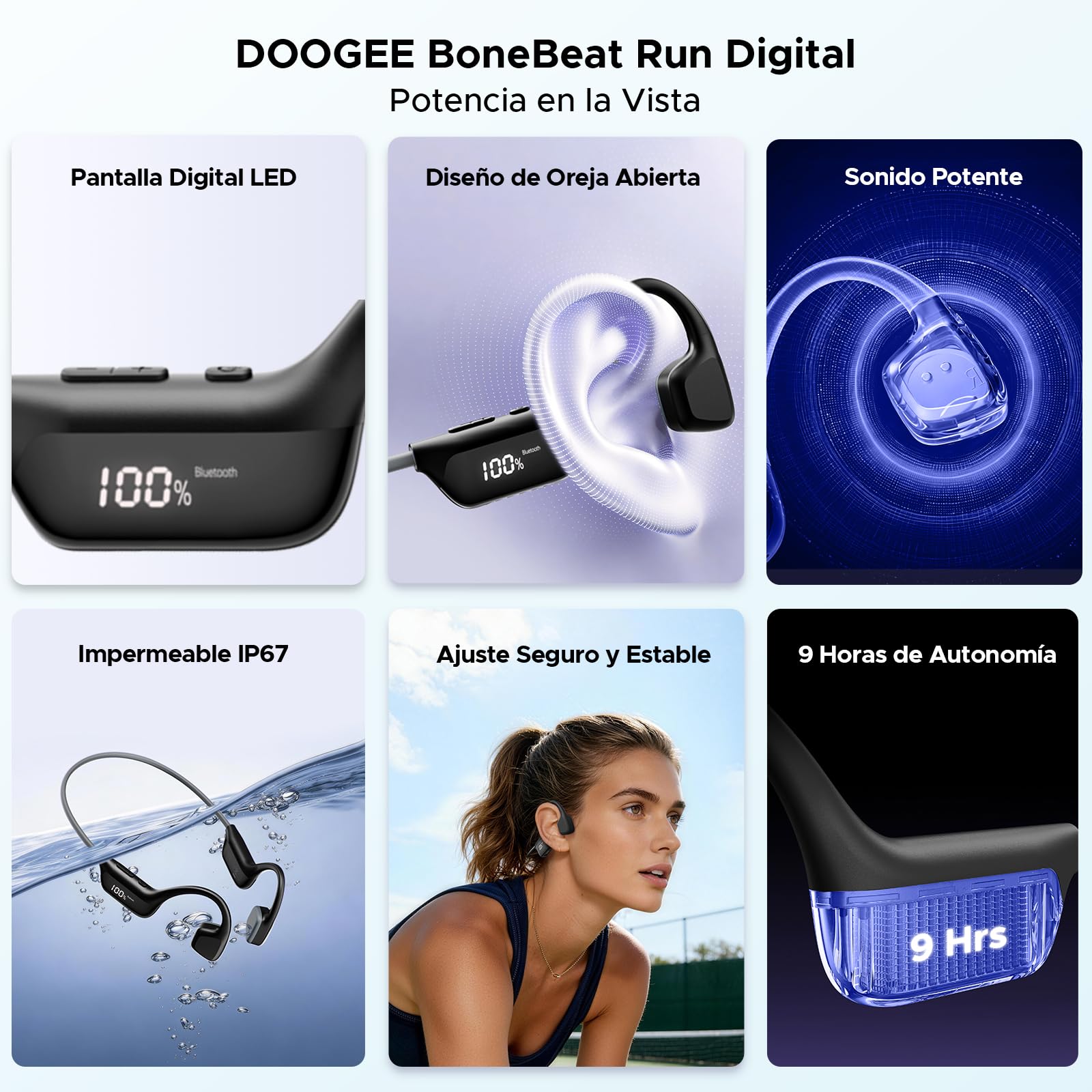 Bone Beat Run Digital Cuffie Conduzione Ossea Wireless, Auricolari Sportive Bluetooth Impermeabili con Display LED, Batteria 9 Ore, BT 6.0 per Corsa Palestra Outdoor - Nero