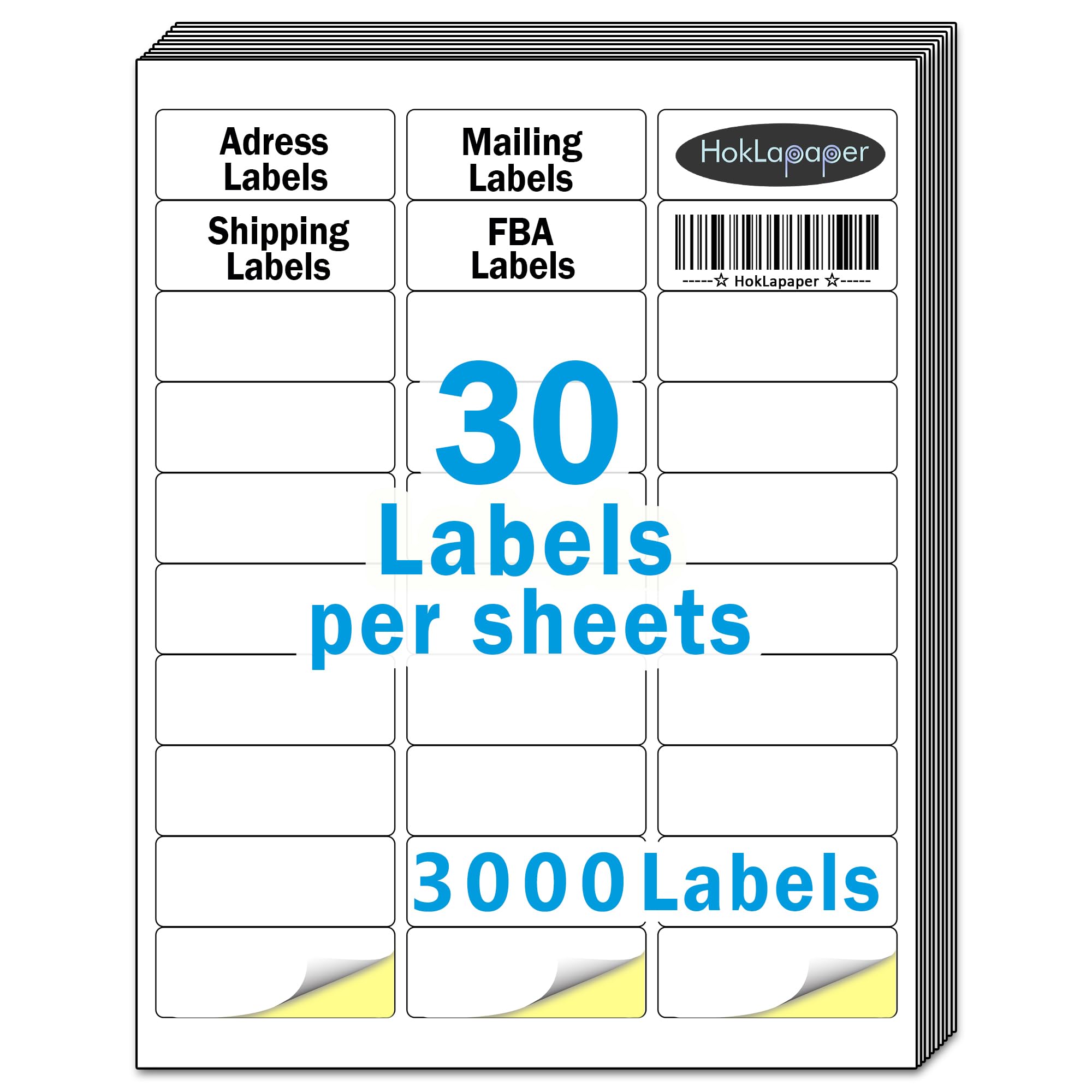 HokLa Paper Mailing Labels, 3000 (100 Sheets), White, 1" x 2-5/8", Laser/Inkjet Printer, Permanent Adhesive