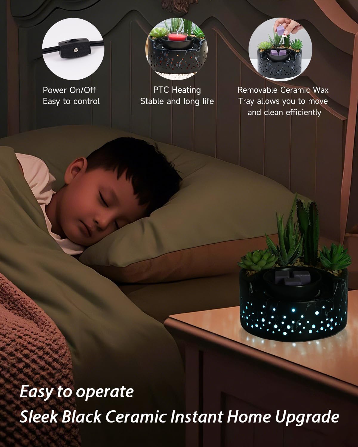 Ceramic Wax Melt Warmer 4-in-1, Flameless PTC Heating with 7-Color LED Night Light, Electric Essential Oil Diffuser, Zen Design Marble Succulent Pot, for Yoga Room Home Office Decor