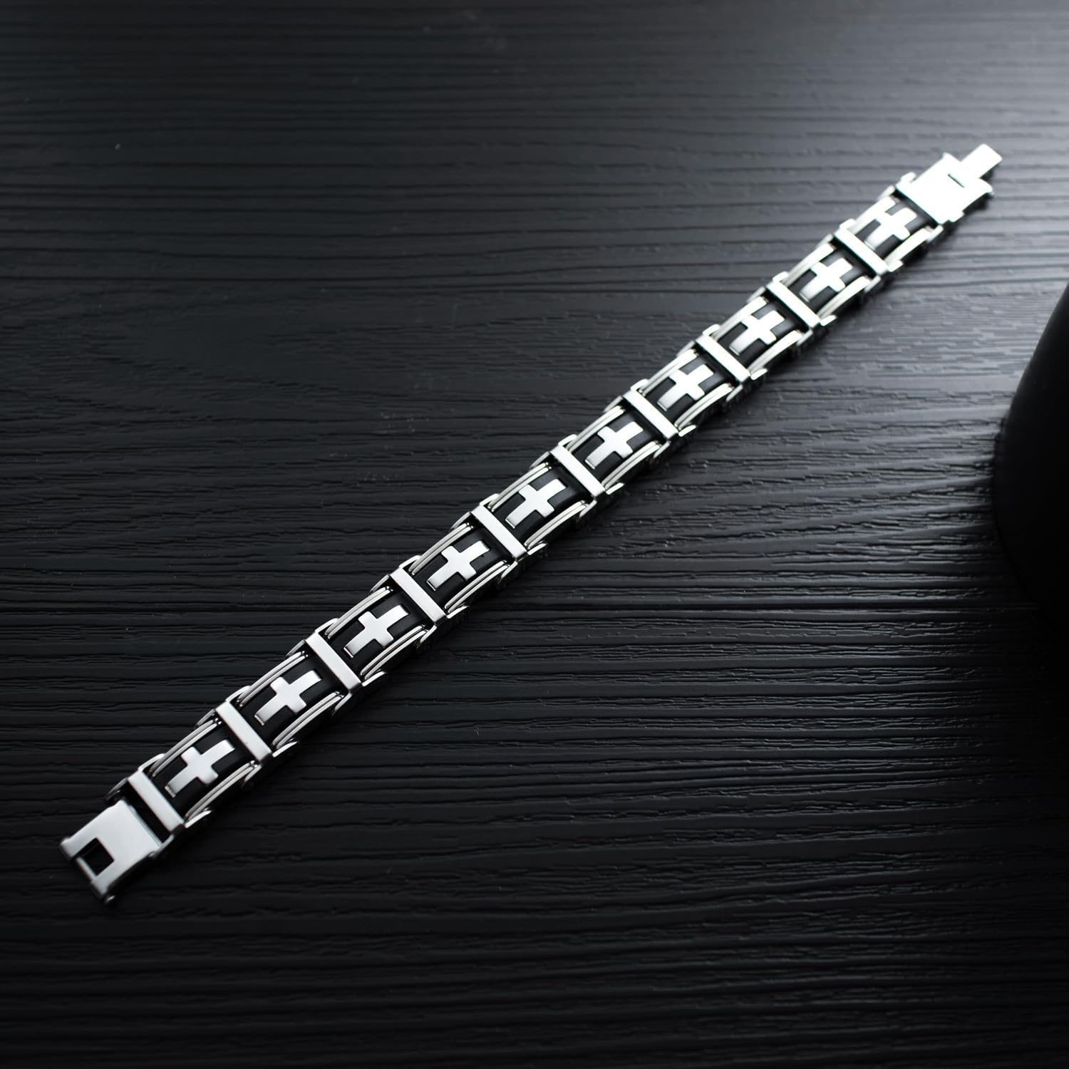 Cross Bracelet for Men,Stainless Steel Silver & Black Cross Design Rubber Religious Bracelet, Adjustable Stylish Christian Jewelry 21 cm 8.26 inches