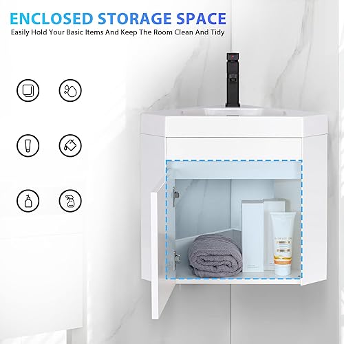 Miniatura 7 de eclife Combo de lavabo de baño esquinero de 22 pulgadas para espacio pequeño montado en la pared, gabinete flotante con fregadero de resina blanca y