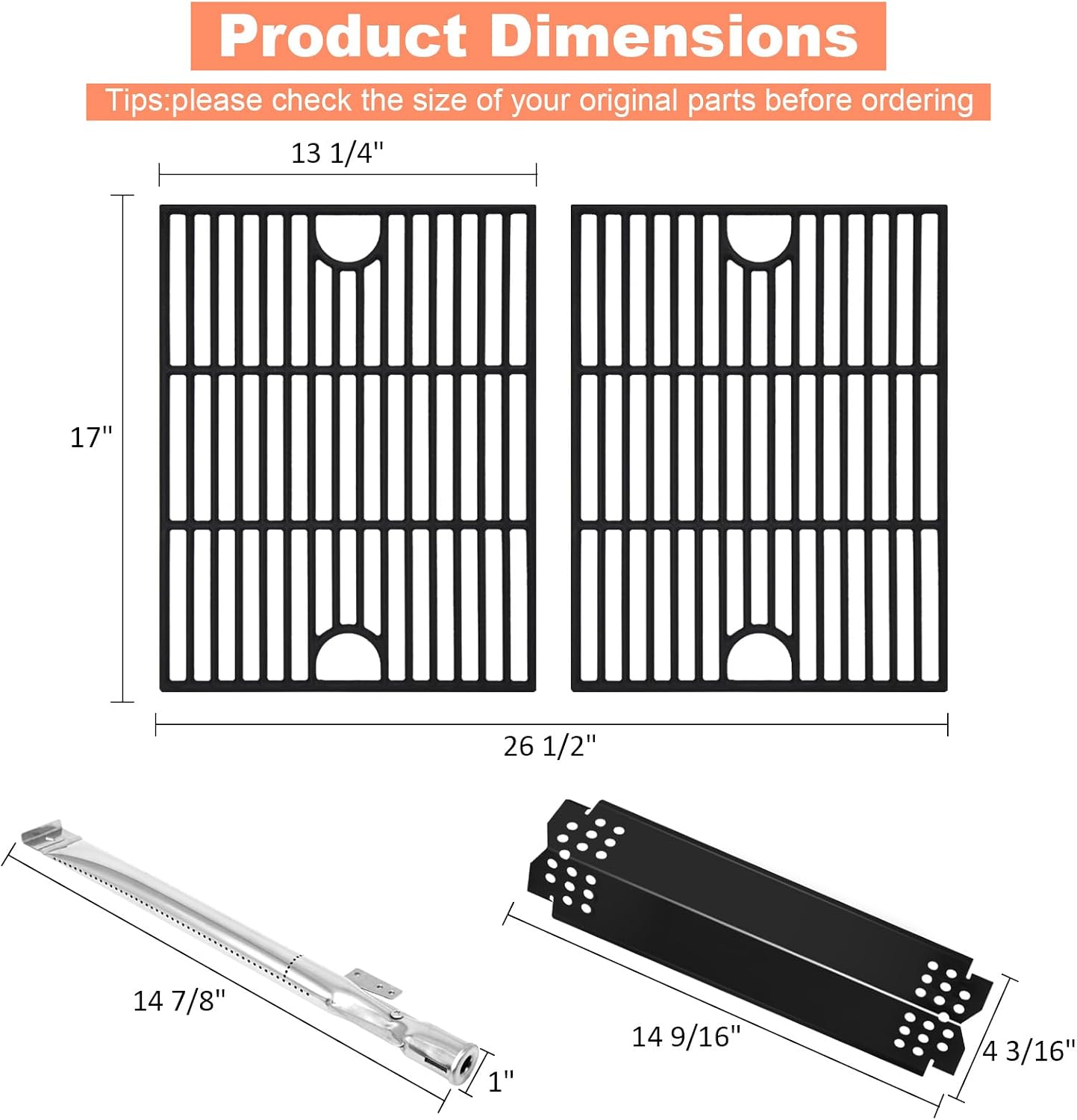 Grill Parts for Nexgrill 720-0830H 720-0830 720-0830D 720-0830T 730-0830MB 730-0830H Cast Iron 17" Cooking Grates, Porcelain Steel Heat Plates, Burner Replacement Kit for Home Depot Nexgrill 4 Burner