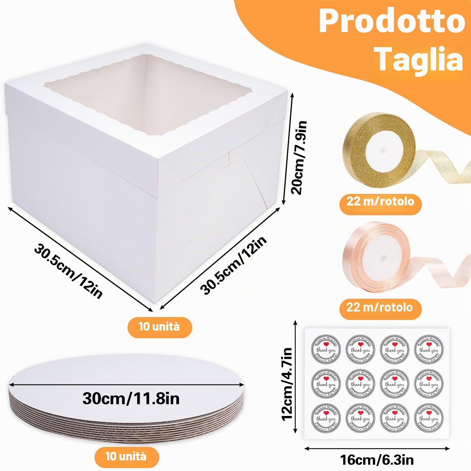 KOMABLEN Scatola per Torta 30,5x30,5x20,3cm, 10 Pezzi Bianche Scatole per Dolci in Cartone, Scatole per Torte con Finestra Vassoi, Porta Torta Cartone con Adesivi e Nastro per L'imballaggio Dessert
