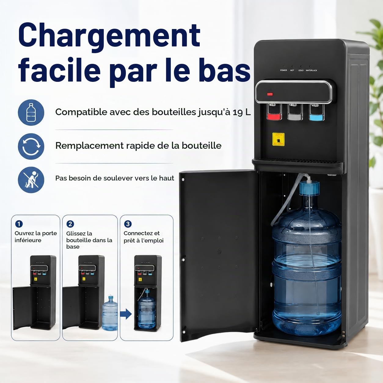 550W Distributeur d'eau Chargement par Le Bas Vertical Fontaine Eau Fraiche Refroidisseurs Et Fontaines à Eau,3 Types De Température Distributeur d'eau Chaude Et Froide,pour Maison, Bureau (Noir)