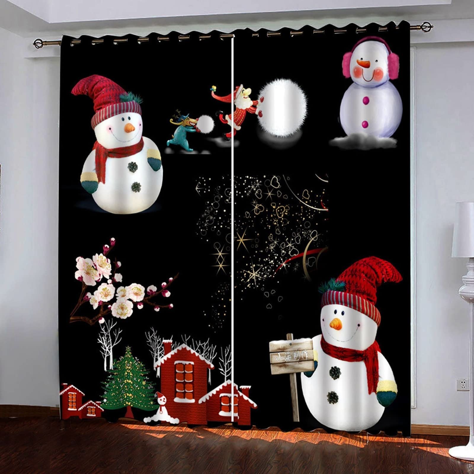 Tenda Occhielli Babbo Natale Pupazzo di Neve Fiori E Casa, Tende X Camera per Cameretta Bambini, 274x244CM