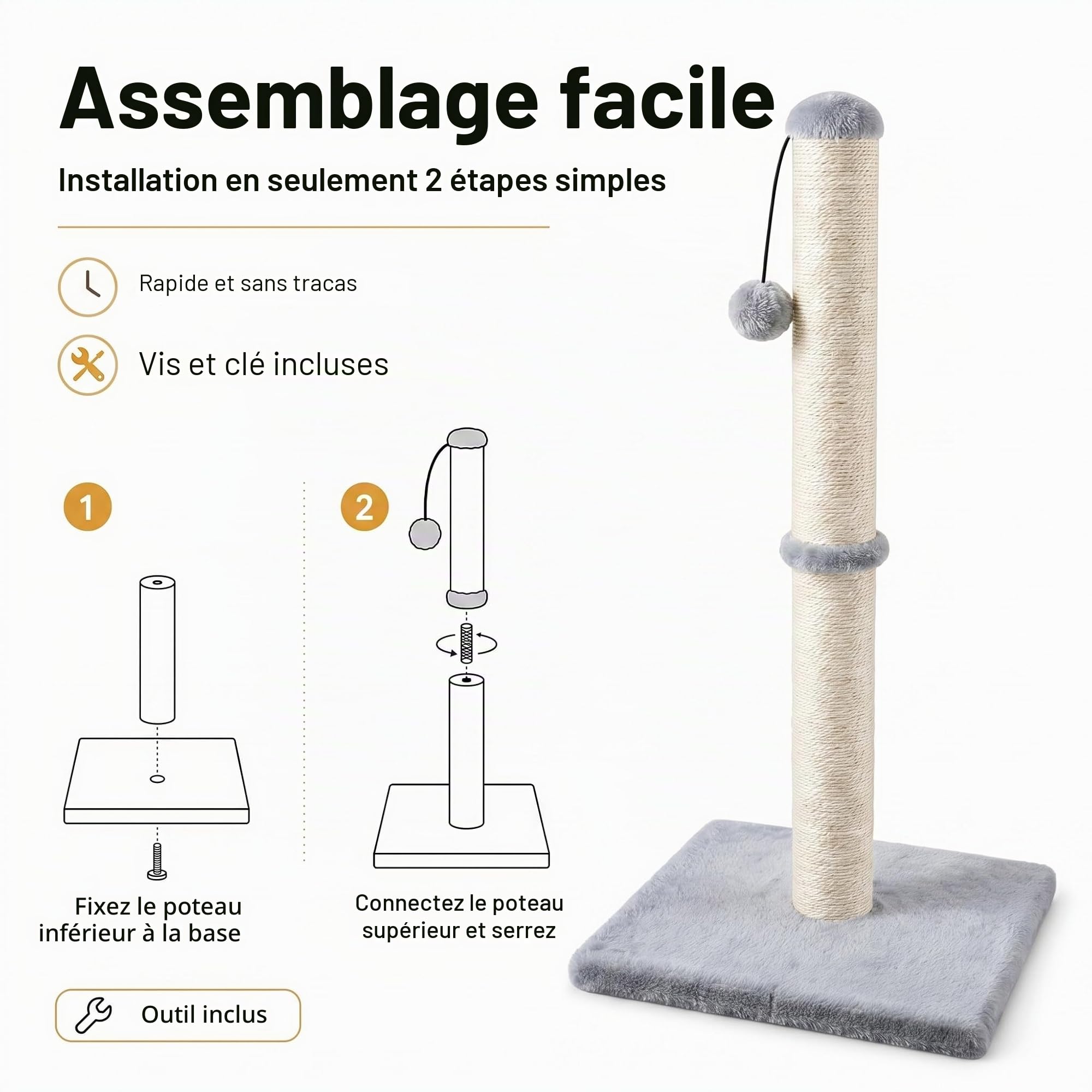 Dimaka Griffoir pour chat de 73,7 cm de haut, corde en sisal recouvert de peluche douce et lisse, griffure verticale [pleine strectch], design moderne de 73,7 cm de hauteur (gris)