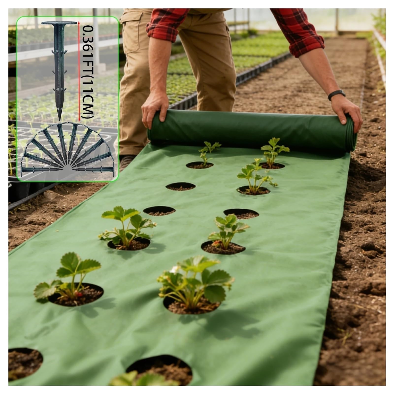 Telo Pacciamatura Panno Perforato Resistente all'erba, Inclusi 10 Chiodi a Terra, Adatto for la Pellicola di Copertura del Paesaggio Giardino(0.6X9.2M)