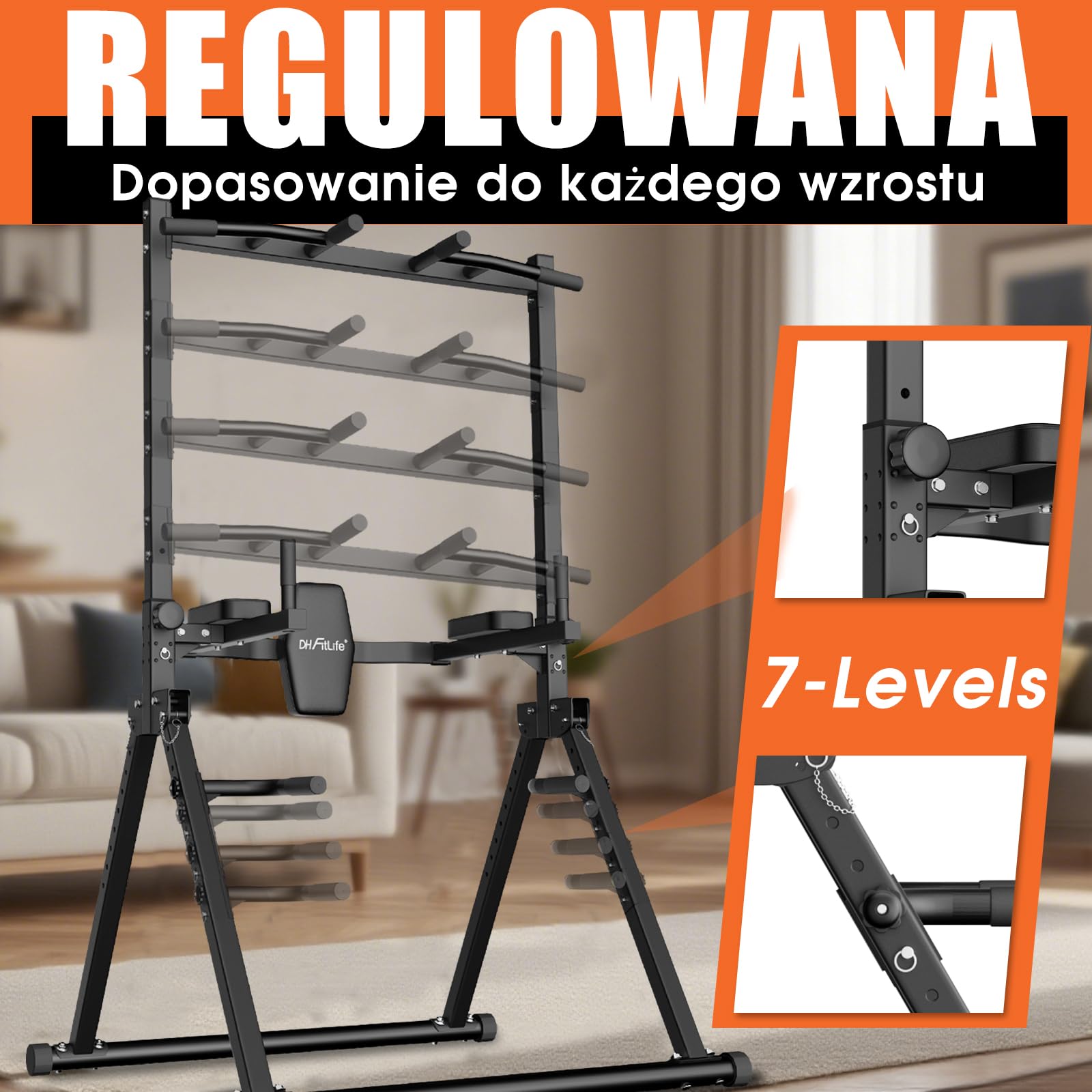 DH FitLife Składana Power Tower Dip Station do 210 kg | Wolnostojący Drążek do Podciągania z Poręczami do Dipów i Trenerem Pleców | Stacja Treningowa | Wieża Siłowa | Stacja Fitness do Domowej Siłowni