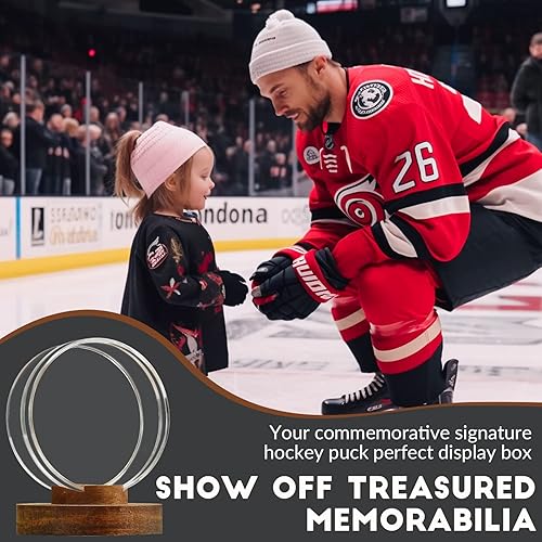 Miniatura 4 de JupDec Estuche de exhibición de discos de hockey acrílico transparente con base de madera, soporte de exhibición de recuerdo de autógrafo