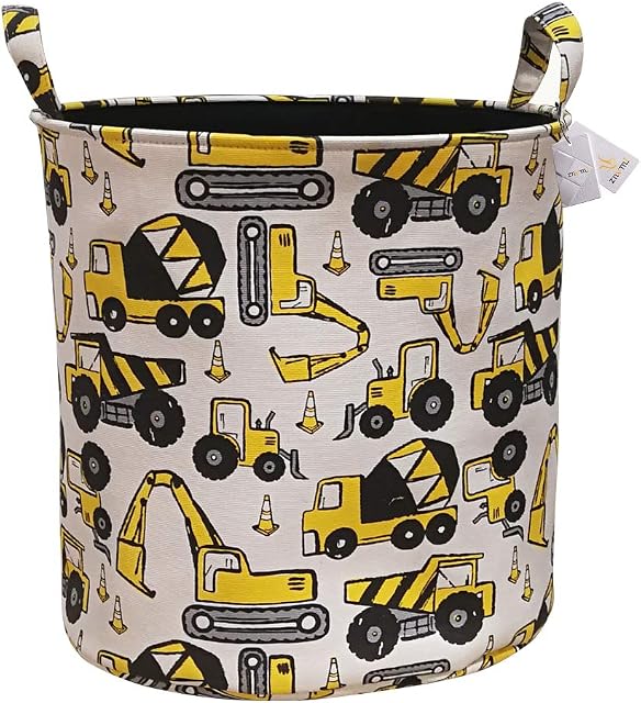 Znvmi Nursery Oval Storage Basket Fabric Toy Chest Organizer Collapsible Cartoon Storage Bin for Playroom Bedroom Closet Gift - Construction Vehicles