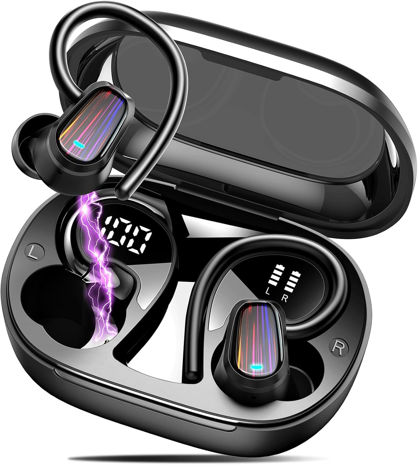 Wireless Earbuds, Bluetooth 5.4 Headphones Sport, Over Ear Buds with ENC Noise Canceling Mic, Deep Bass Stereo Ear Buds with Hook, 50H Playback, LED Display, IP7 Earphones for Workout Running, Black - 74% off