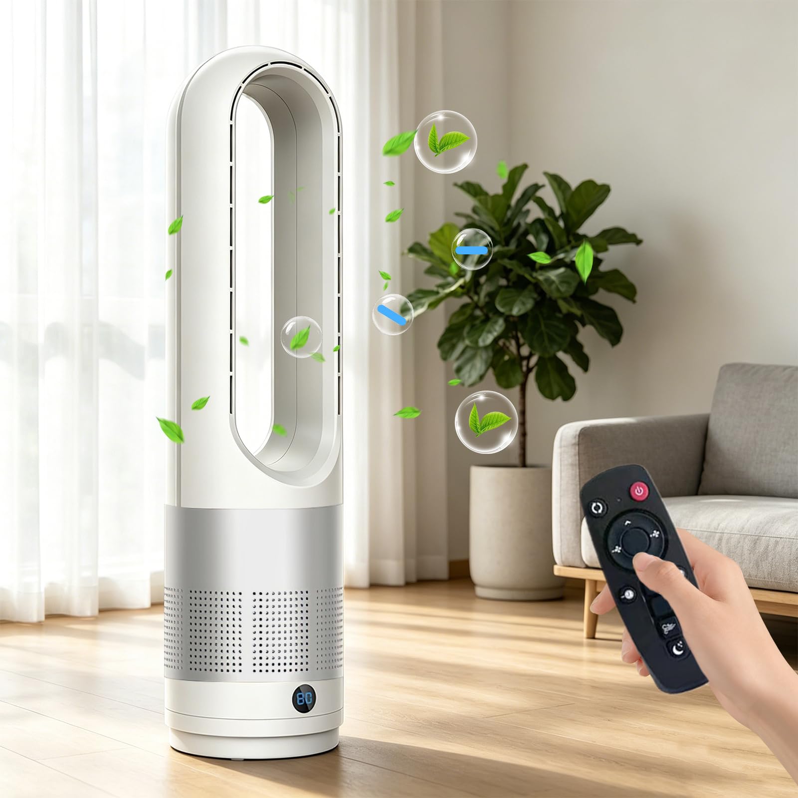 Rotorloser Ventilator mit Fernbedienung, cooling ace Lüfter, Luftkühler, mobiles Klimagerät, 8 Gänge, 80° Oszillation, 8H Timer, Energiesparend Bladeless Fan für Schlafzimmer Zuhau
