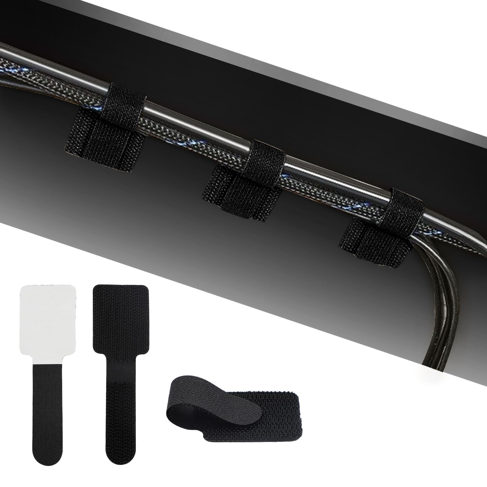 100PCS Self Adhesive Cable Tidy Clips Straps, Hook and Loop Cable Ties, Under Desk Cable Management, Wire Organiser Cord Management for Household Kitchen Office Essentials-Black
