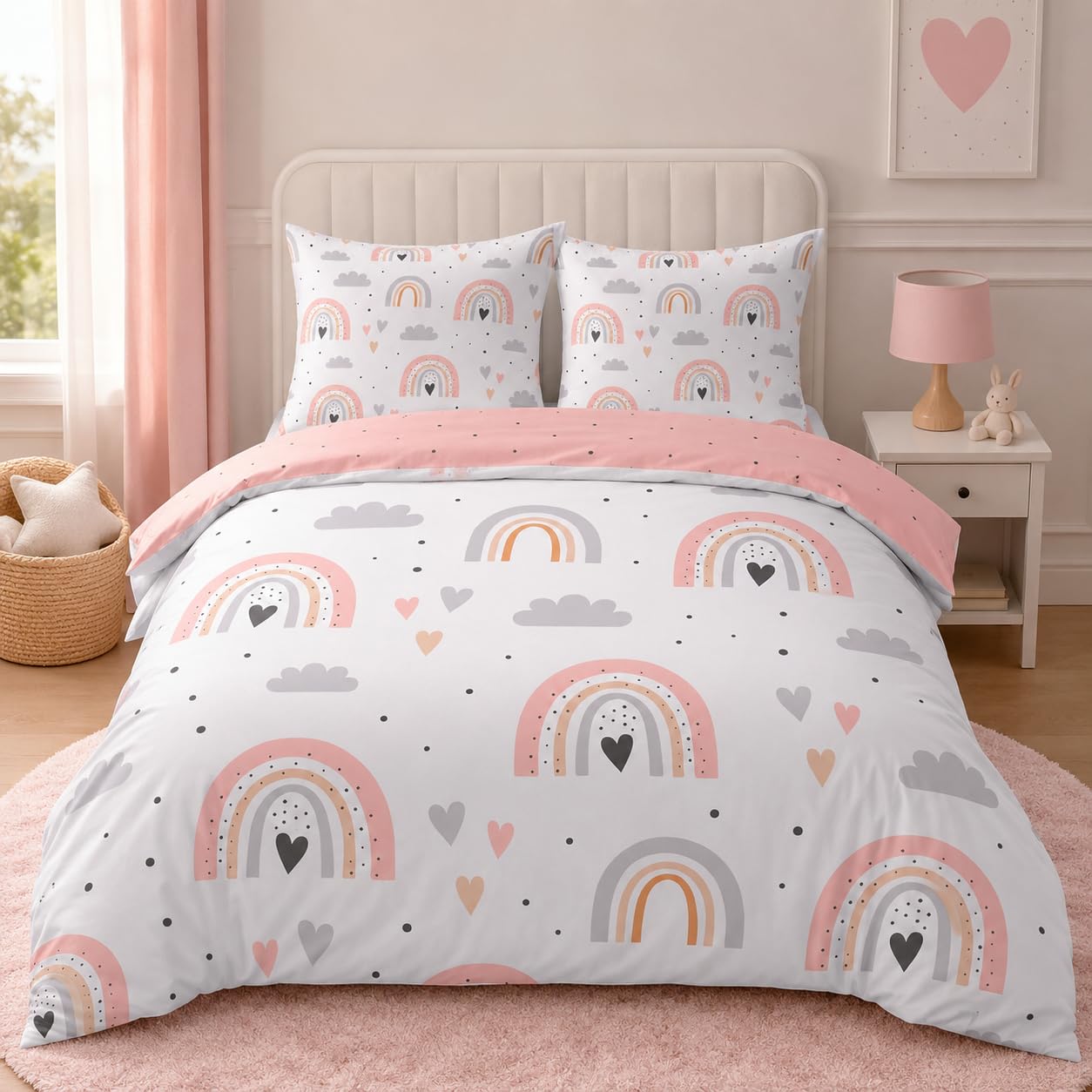 Housse de couette 220x240 motif arc-en-ciel nuage avec 2 taies d'oreiller 65x65