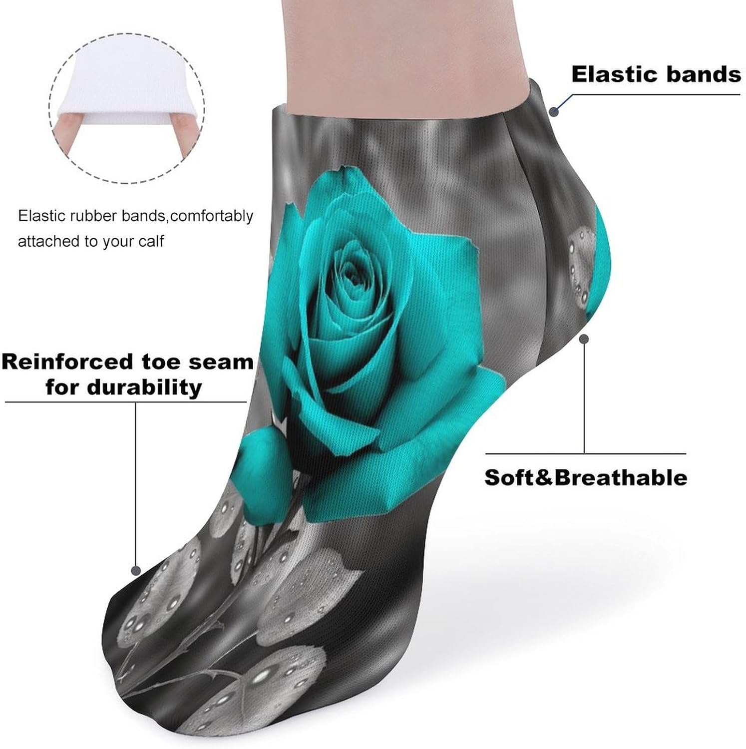 Women's Thin Elastic Socks Low-top Sports Invisible Teal Grey Rose Printed Ankle Socks 5 Pairs Suitable for Travel Commuting Outdoor