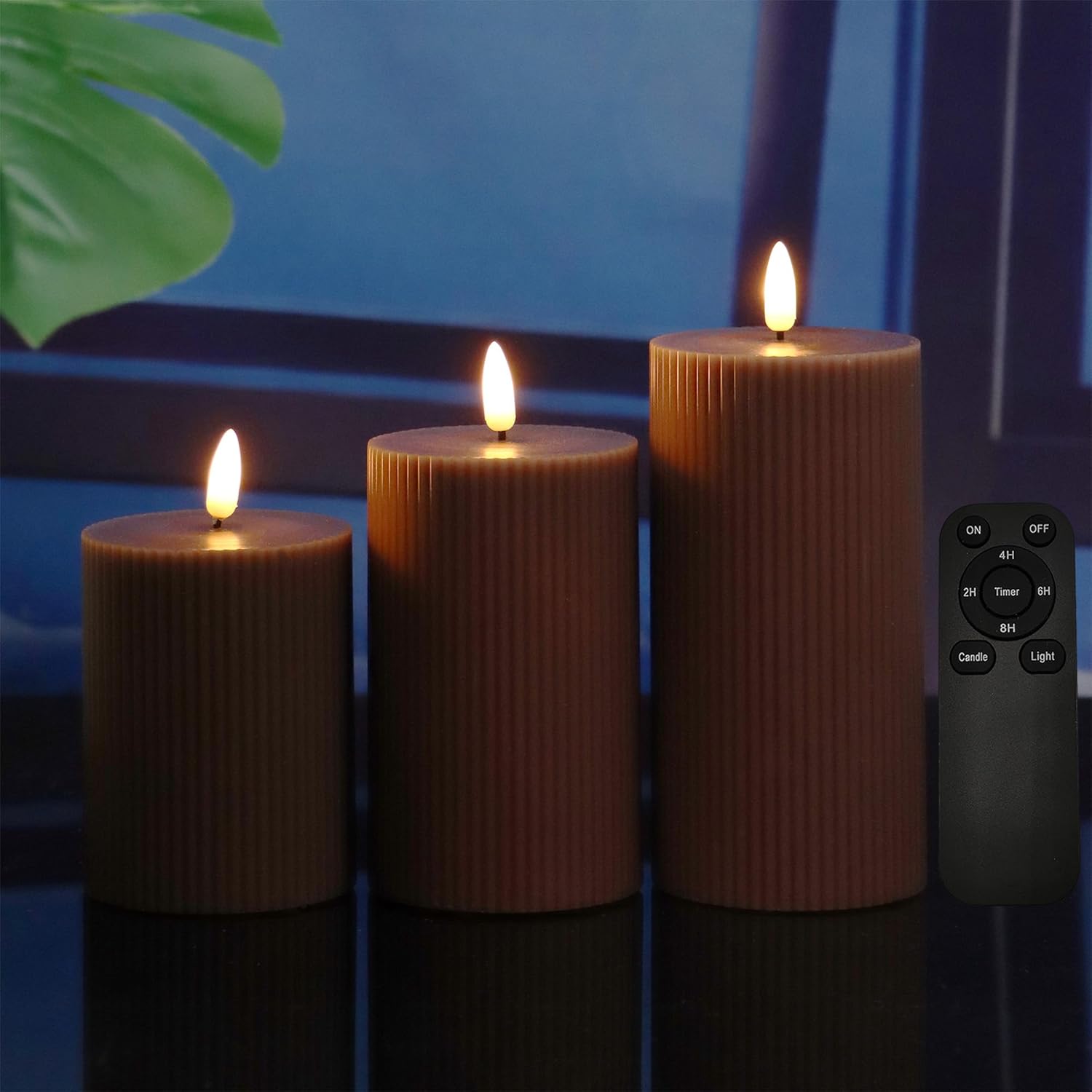 3 Pack Wax LED Flameless Candles with Remote Real Wax Battery Operated Electric Pillar Candle Set with Vertical Stripes 3D Black Wick for Home Party Wedding Decorations, White, D 3 x H 4/5/6 inch
