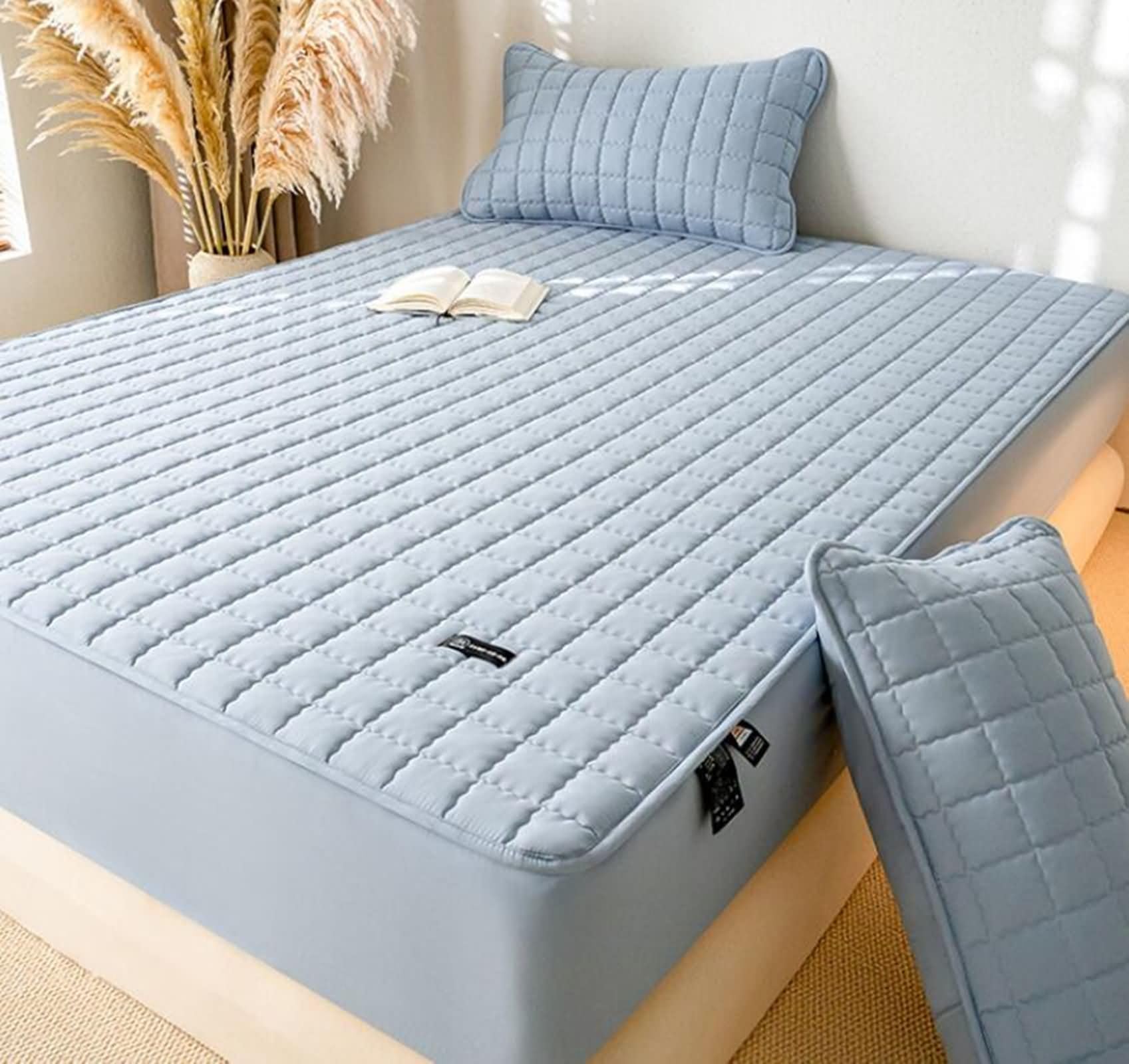 Drap Housse Polyester Coton Lit Simple avec Elastique, Couleur Unie avec Motif à Carreaux, 120 x 200 CM, Bleu
