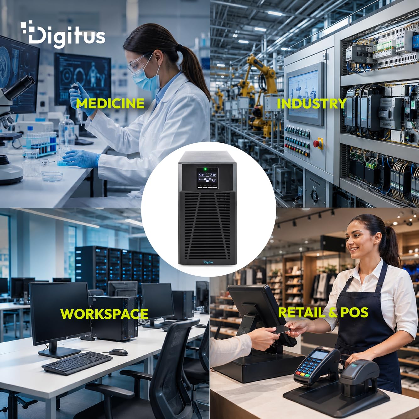 DIGITUS OnLine USV-System – 3 kVA 3 kW – 8X IEC C13 Steckdosen – Tower | Unterbrechungsfreie Stromversorgung – Leistungsfaktor 1,0 – UPS Software – RS232, RJ45 & USB-Port – Schwarz