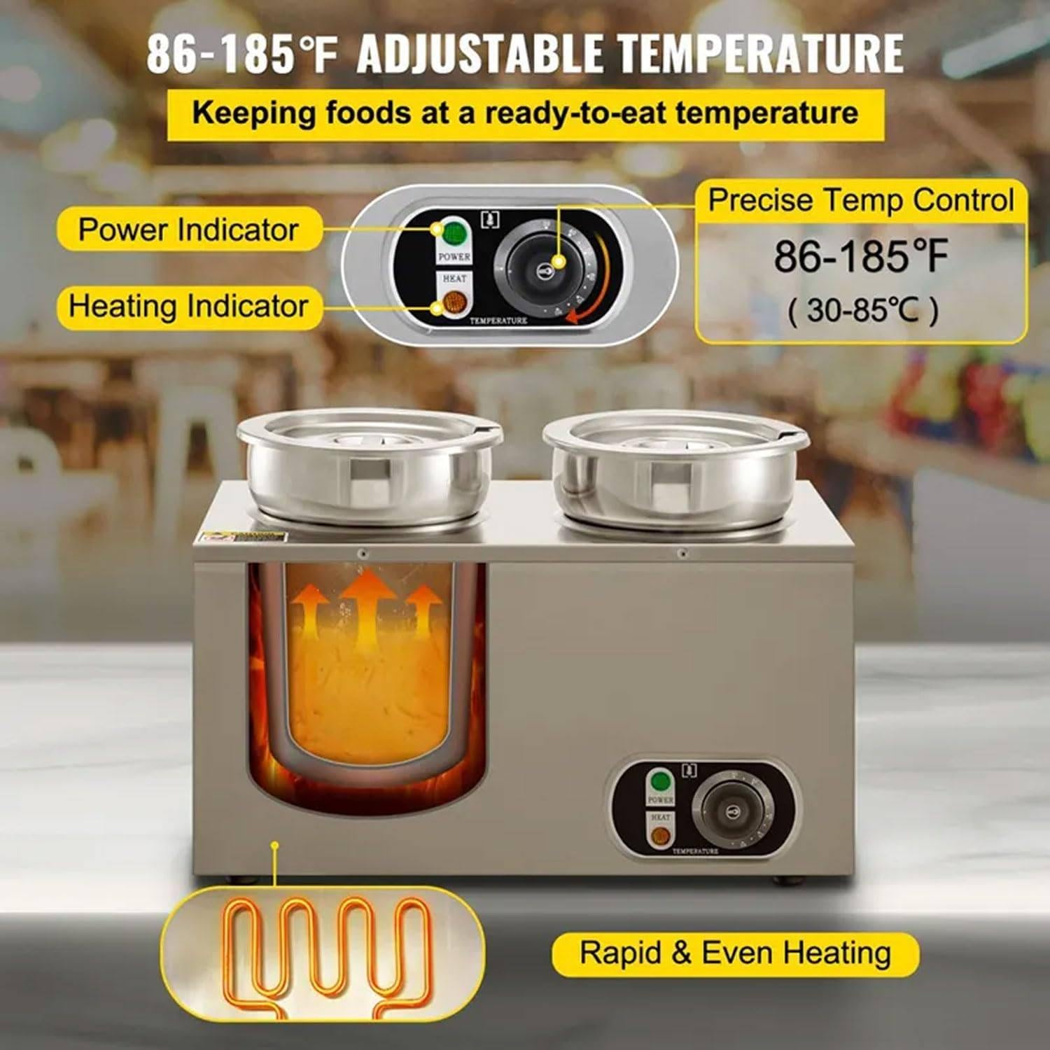 Calentador comercial de comida de mesa de vapor Bain Marie 1500W, 4x7L para restaurantes de catering.Protector de sopa eléctrico 110-240V con control de temperatura.Servidor de buffet de acero inserbl
