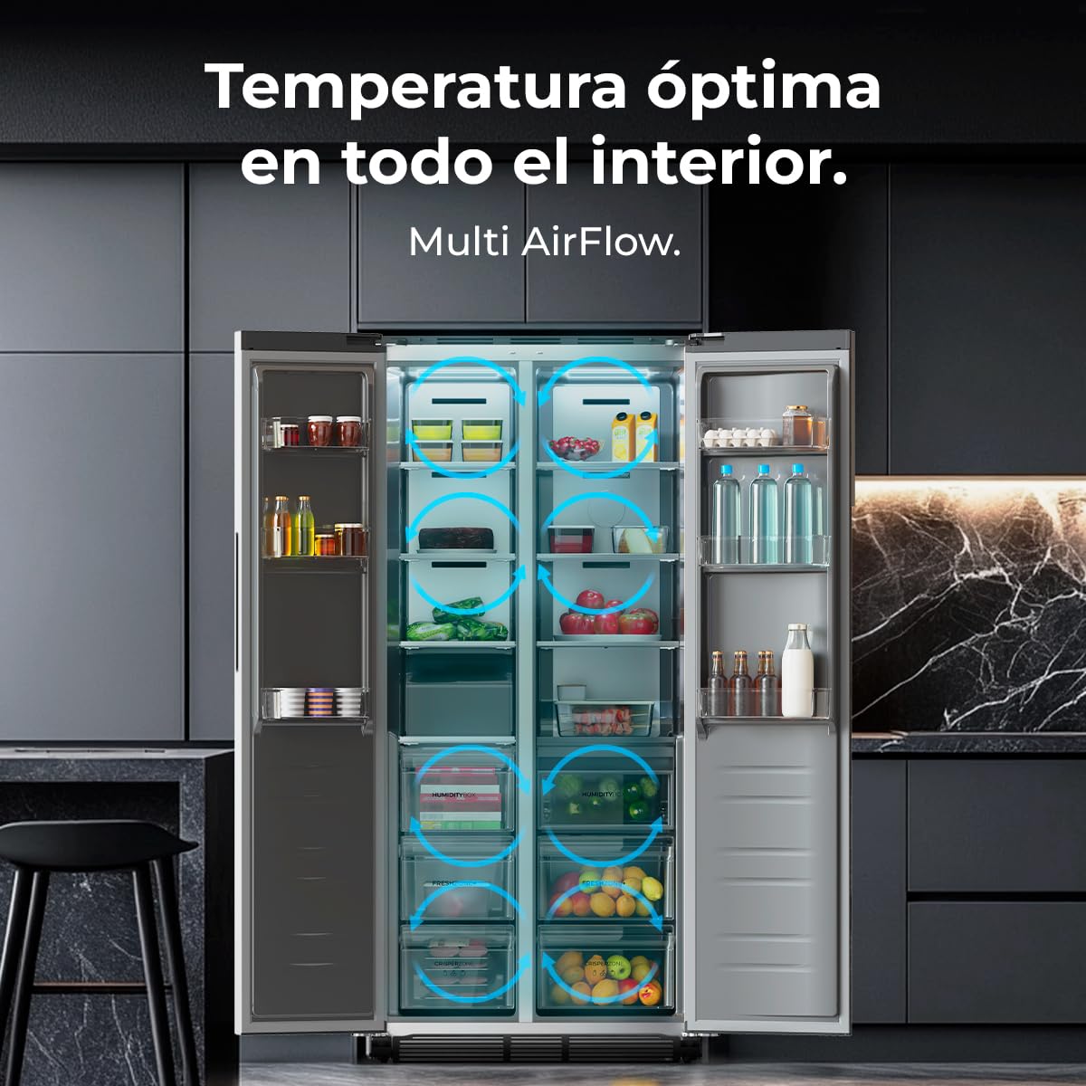 Cecotec Frigorífico Americano Semi Integrable de 436L Total No Frost Bolero CoolMarket SBS 436 SBI Inox E. Compresor Inverter Bajo Consumo, 184,8 x 84,4 m, Interior Premium Gris, Cajón Convertible